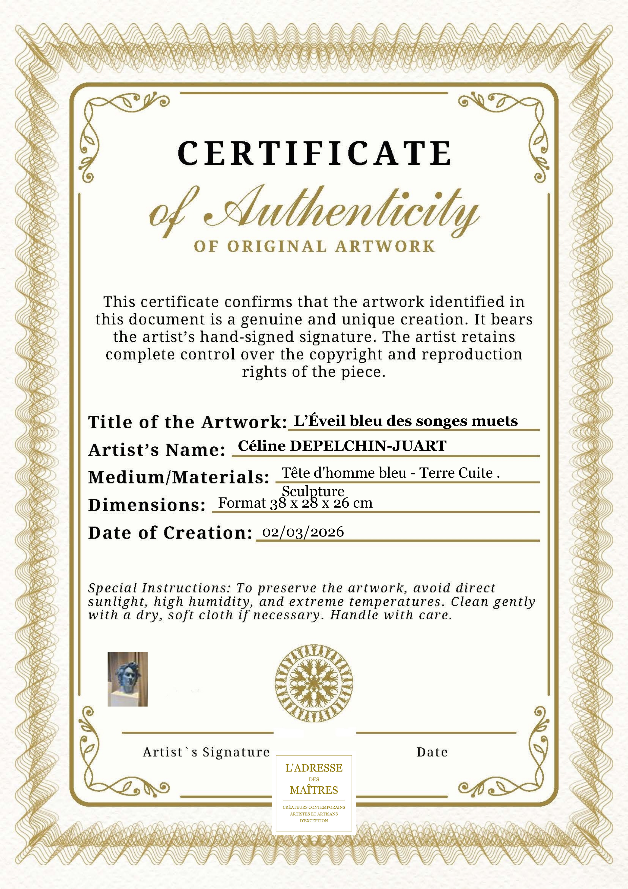 Certificat d'authenticité — L’Éveil bleu des songes muets — Céline DEPELCHIN-JUART