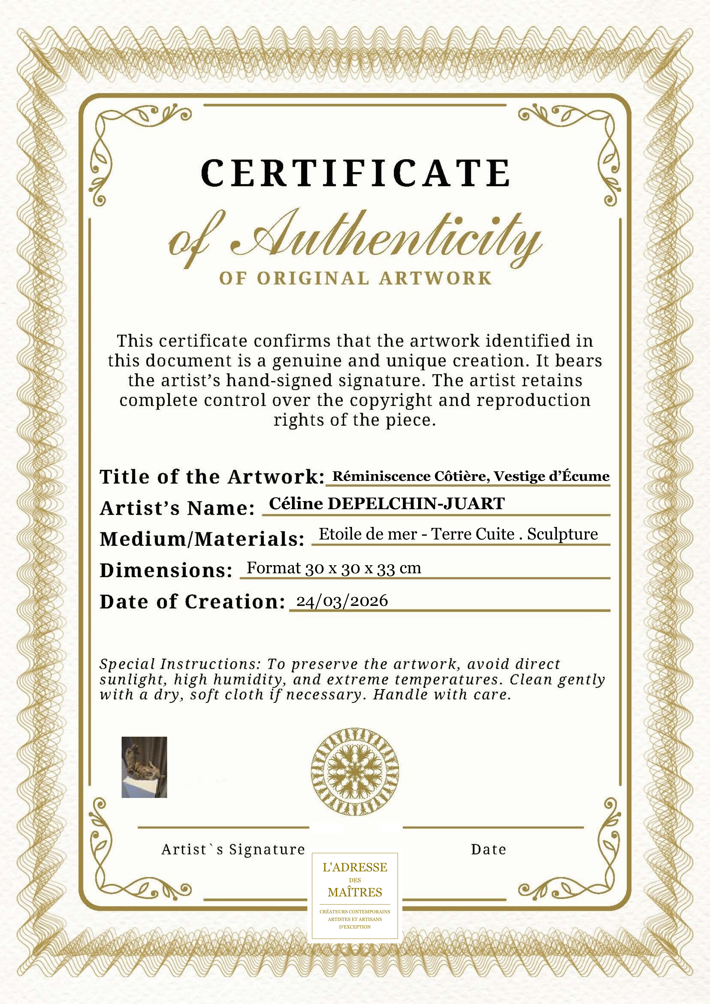 Certificat d'authenticité — Réminiscence Côtière, Vestige d’Écume — Céline DEPELCHIN-JUART