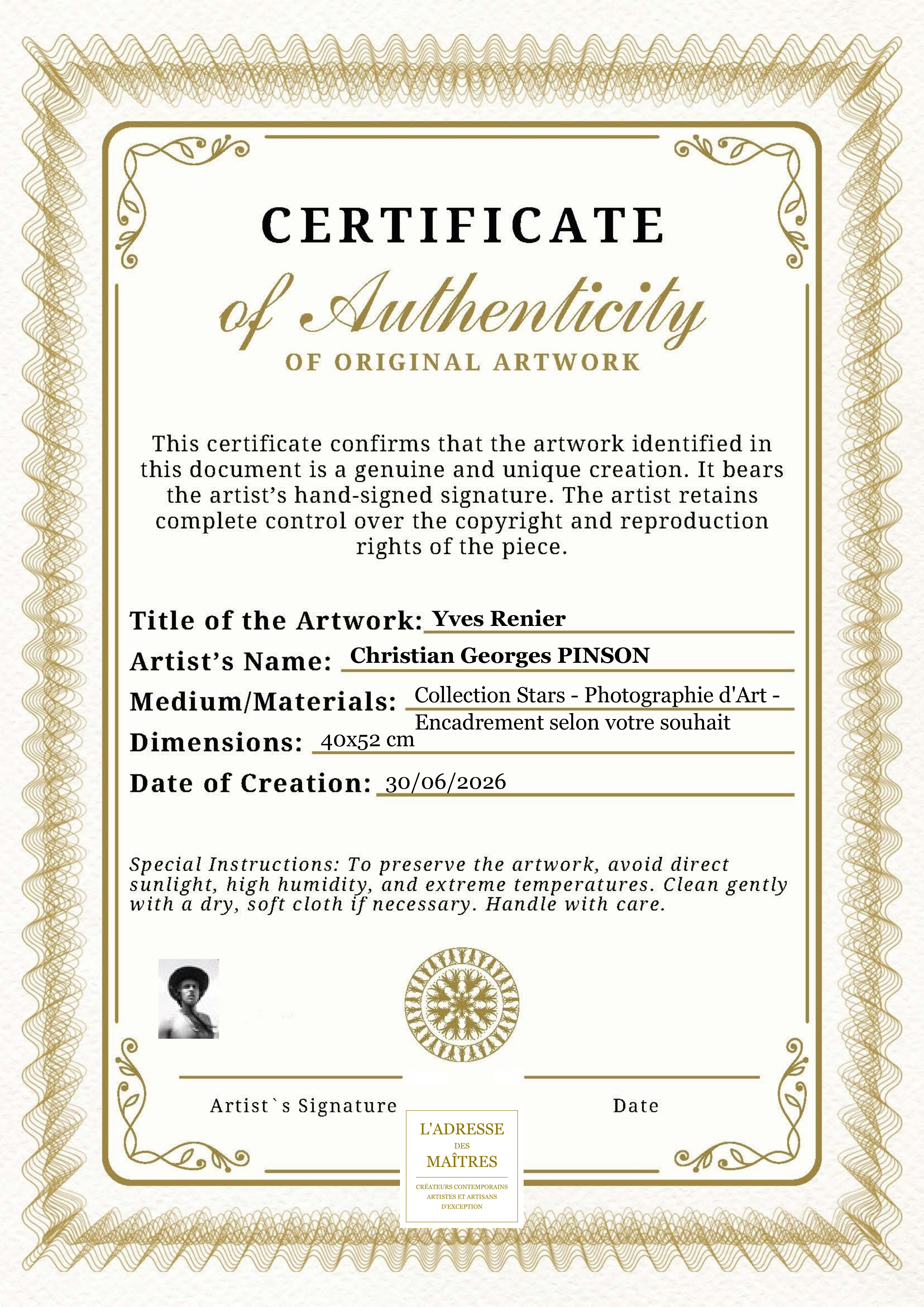 Certificat d'authenticité — Yves Renier — Christian Georges PINSON
