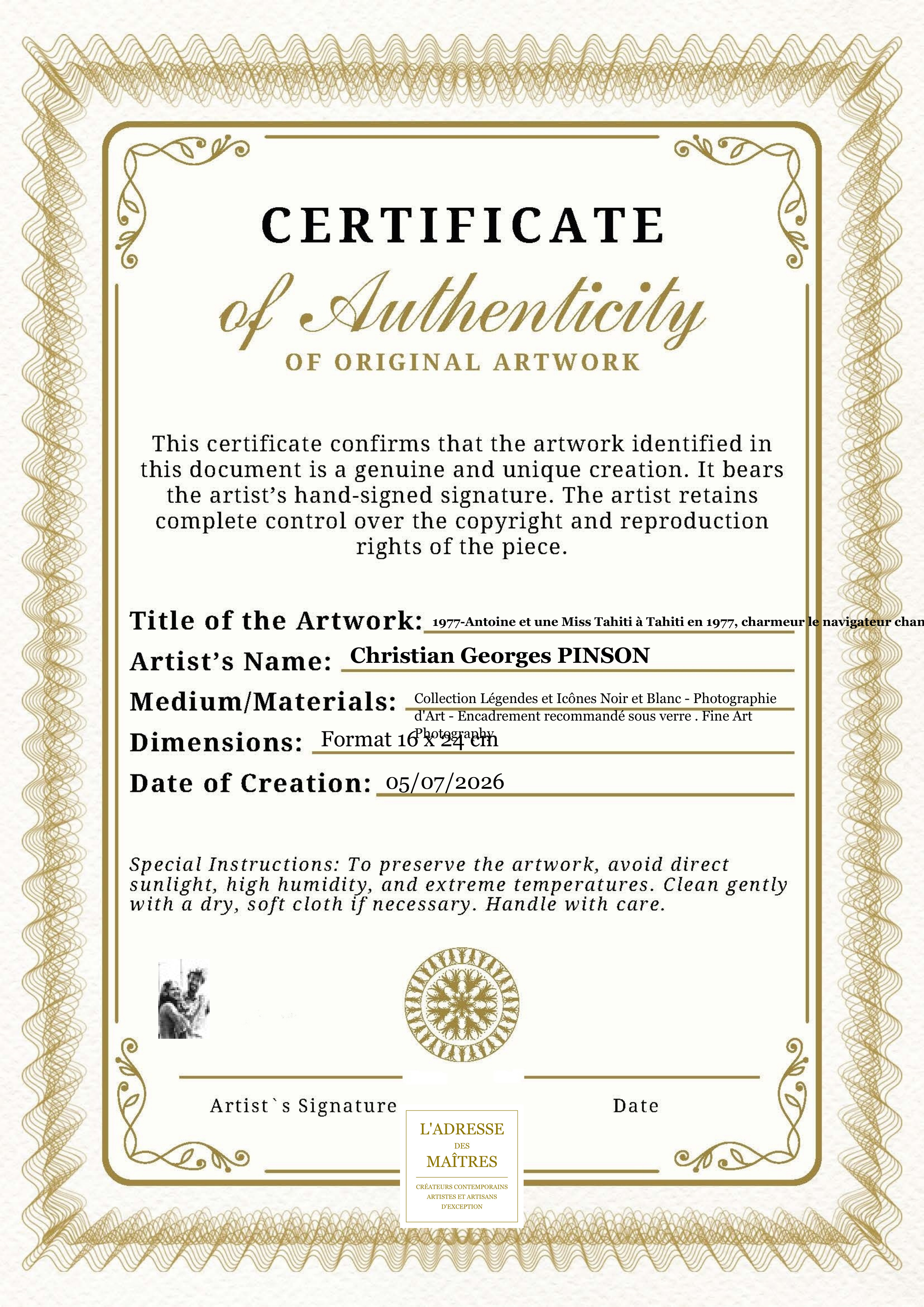 Certificat d'authenticité — 1977-Antoine et une Miss Tahiti à Tahiti en 1977, charmeur le navigateur chanteur — Christian Georges PINSON