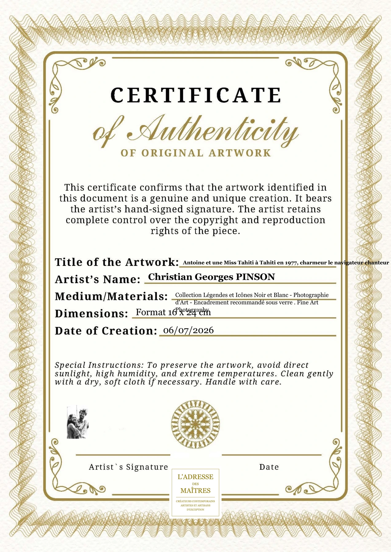 Certificat d'authenticité - Antoine et une Miss Tahiti à Tahiti en 1977, charmeur le navigateur chanteur - Christian Georges PINSON