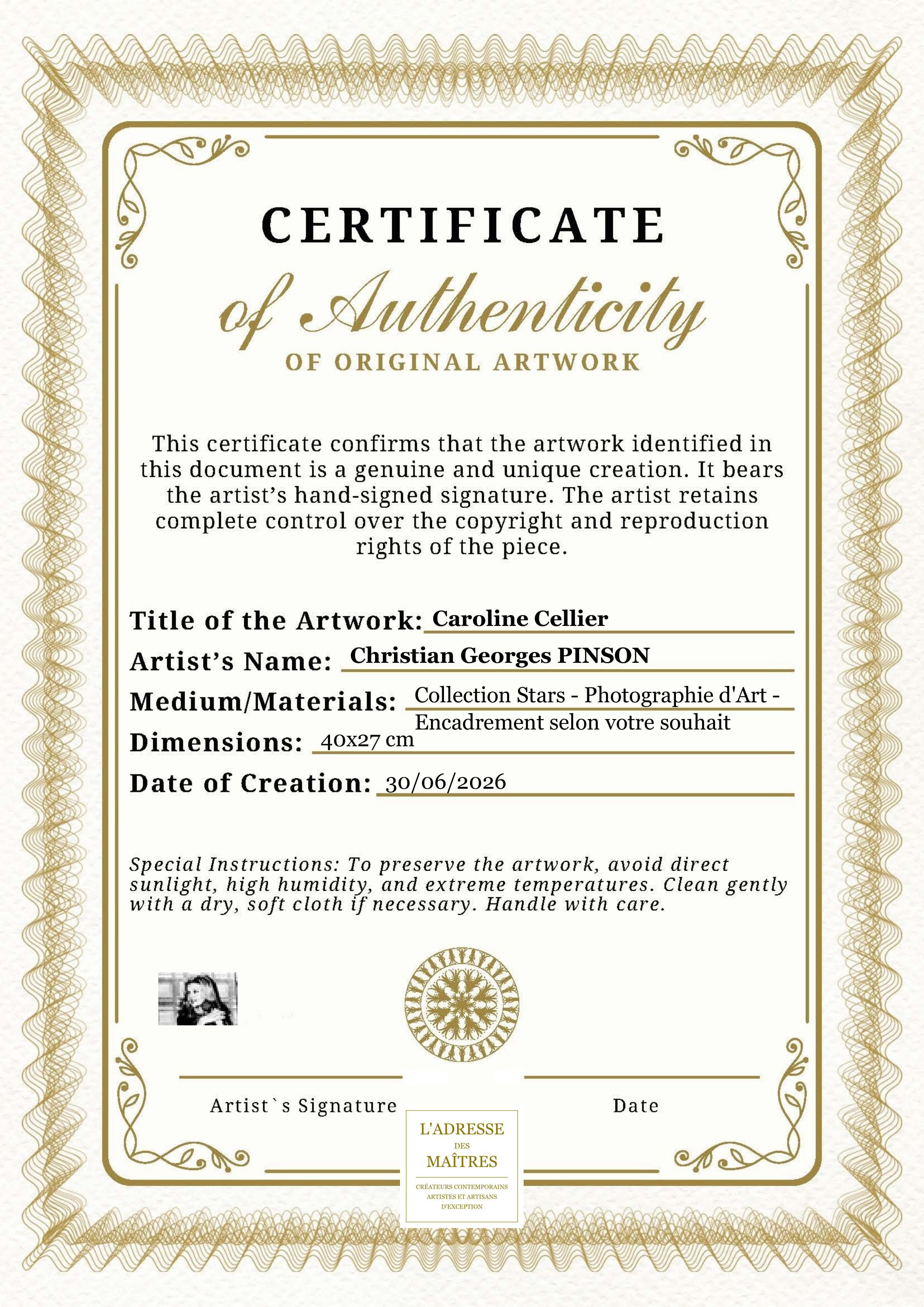Certificat d'authenticité — Caroline Cellier — Christian Georges PINSON