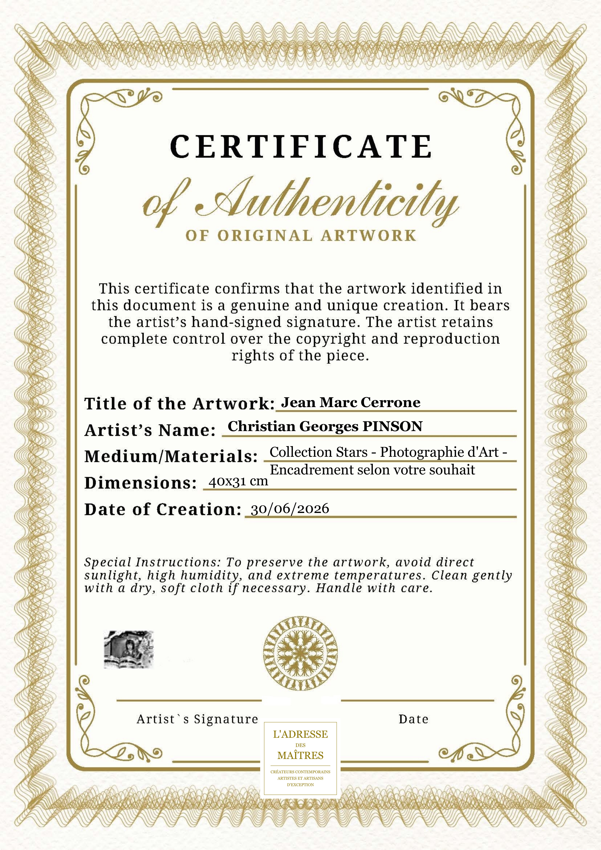 Certificat d'authenticité — Jean Marc Cerrone — Christian Georges PINSON