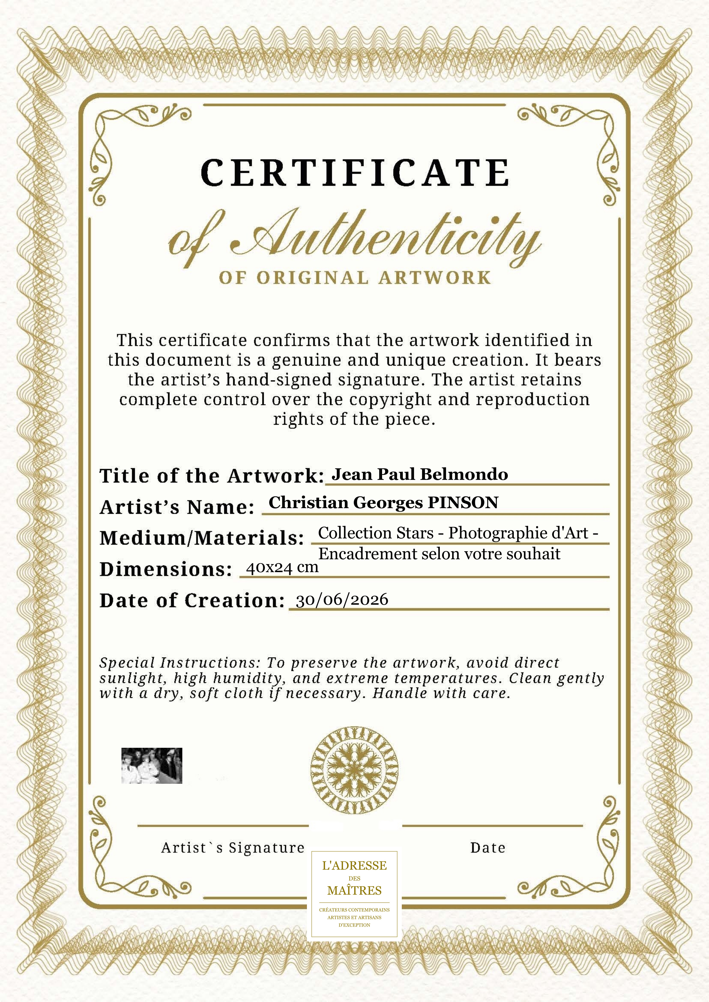 Certificat d'authenticité — Jean Paul Belmondo — Christian Georges PINSON