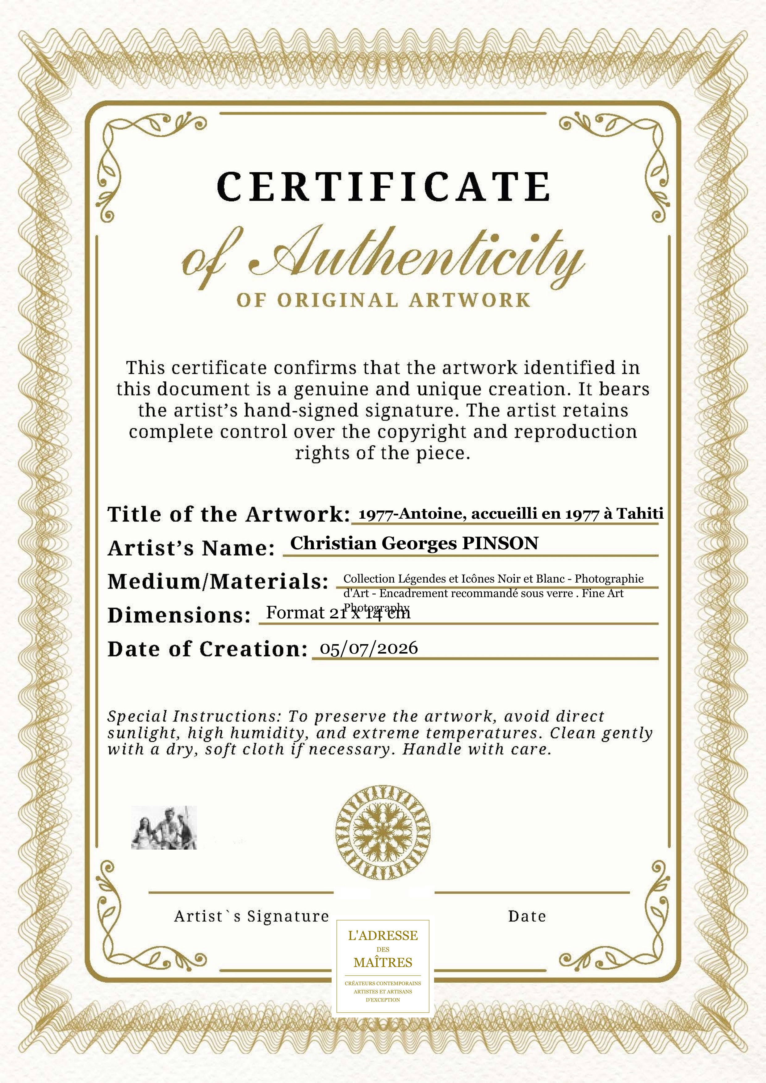 Certificat d'authenticité — 1977-Antoine, accueilli en 1977 à Tahiti — Christian Georges PINSON