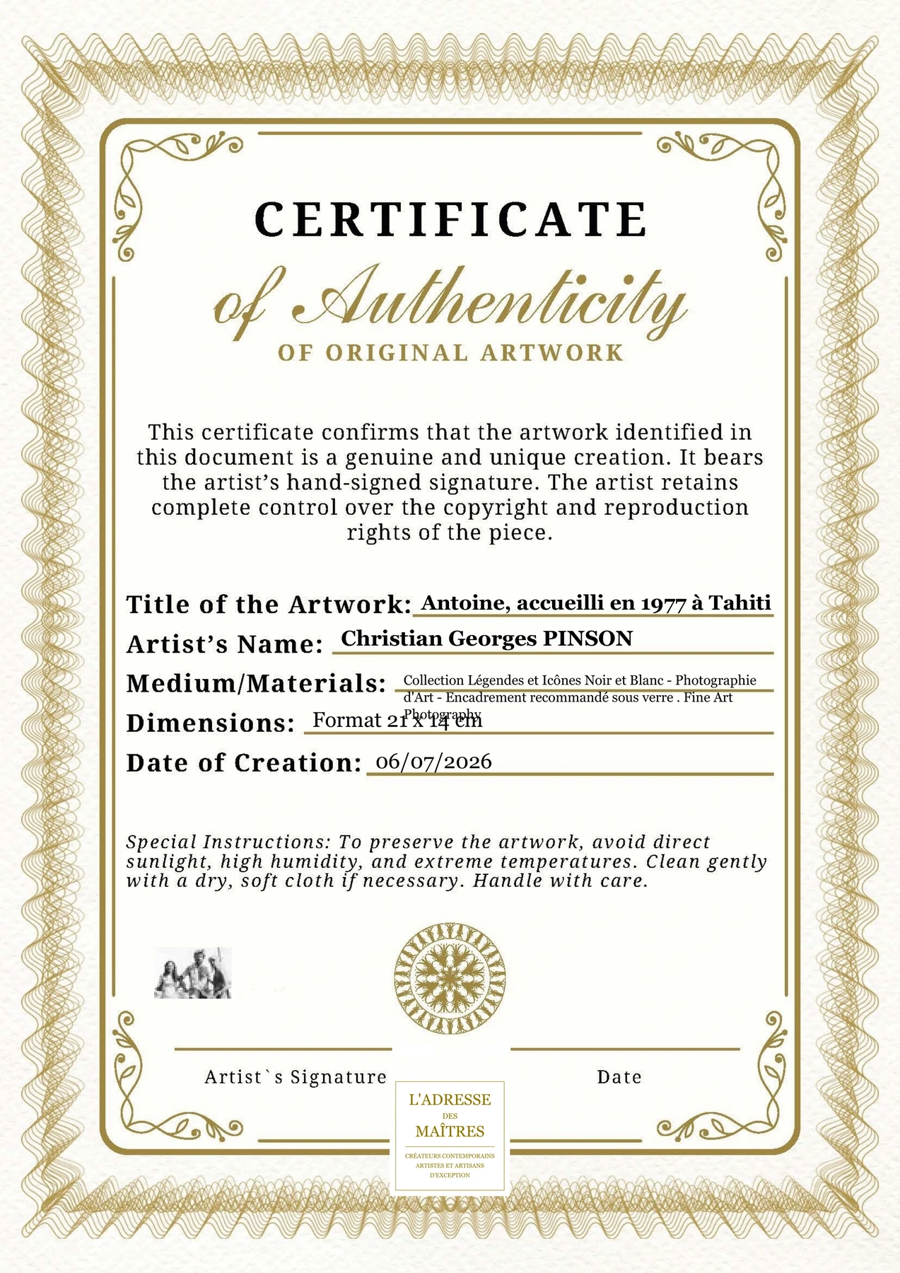 Certificat d'authenticité - Antoine, accueilli en 1977 à Tahiti - Christian Georges PINSON
