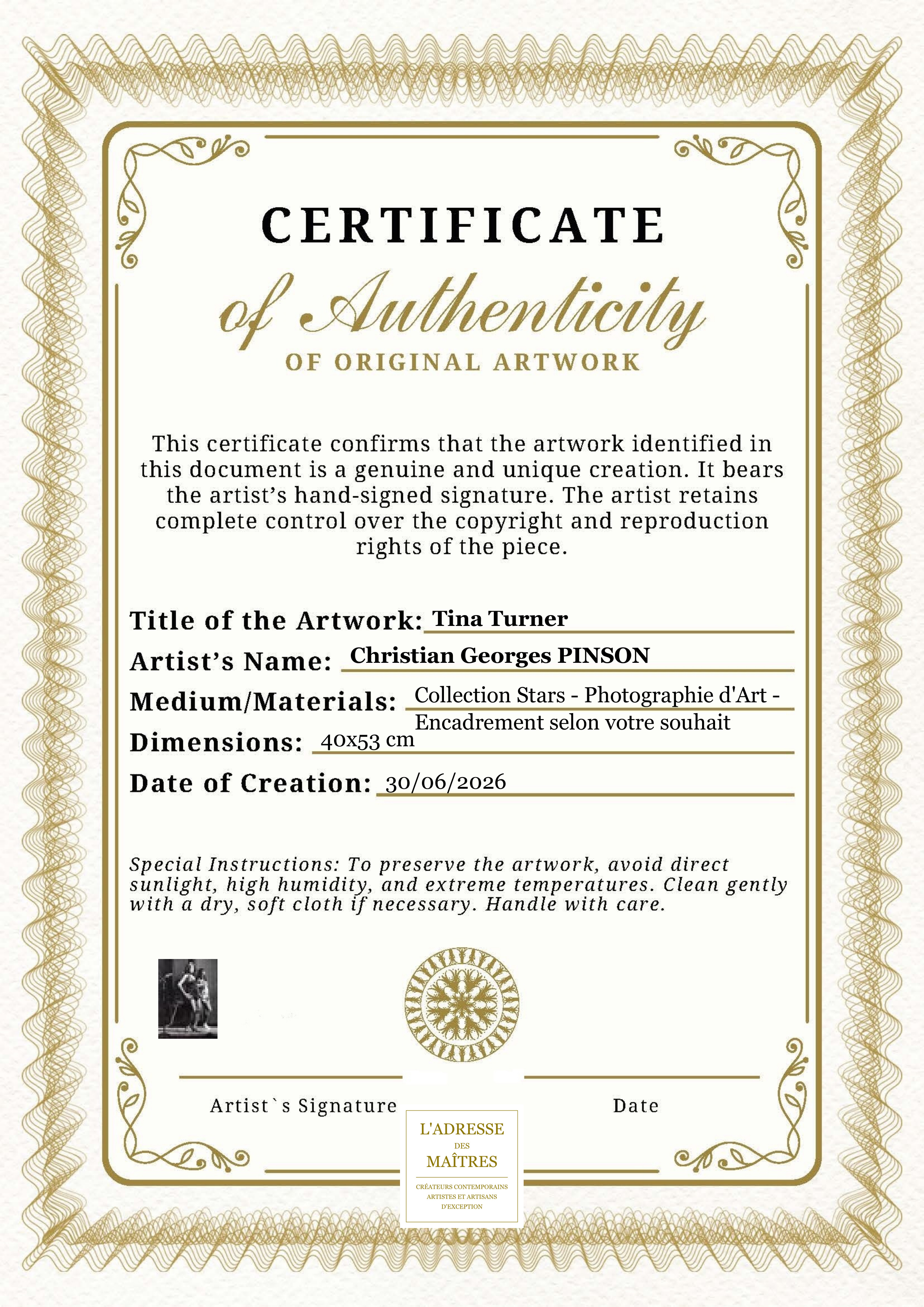 Certificat d'authenticité — Tina Turner — Christian Georges PINSON
