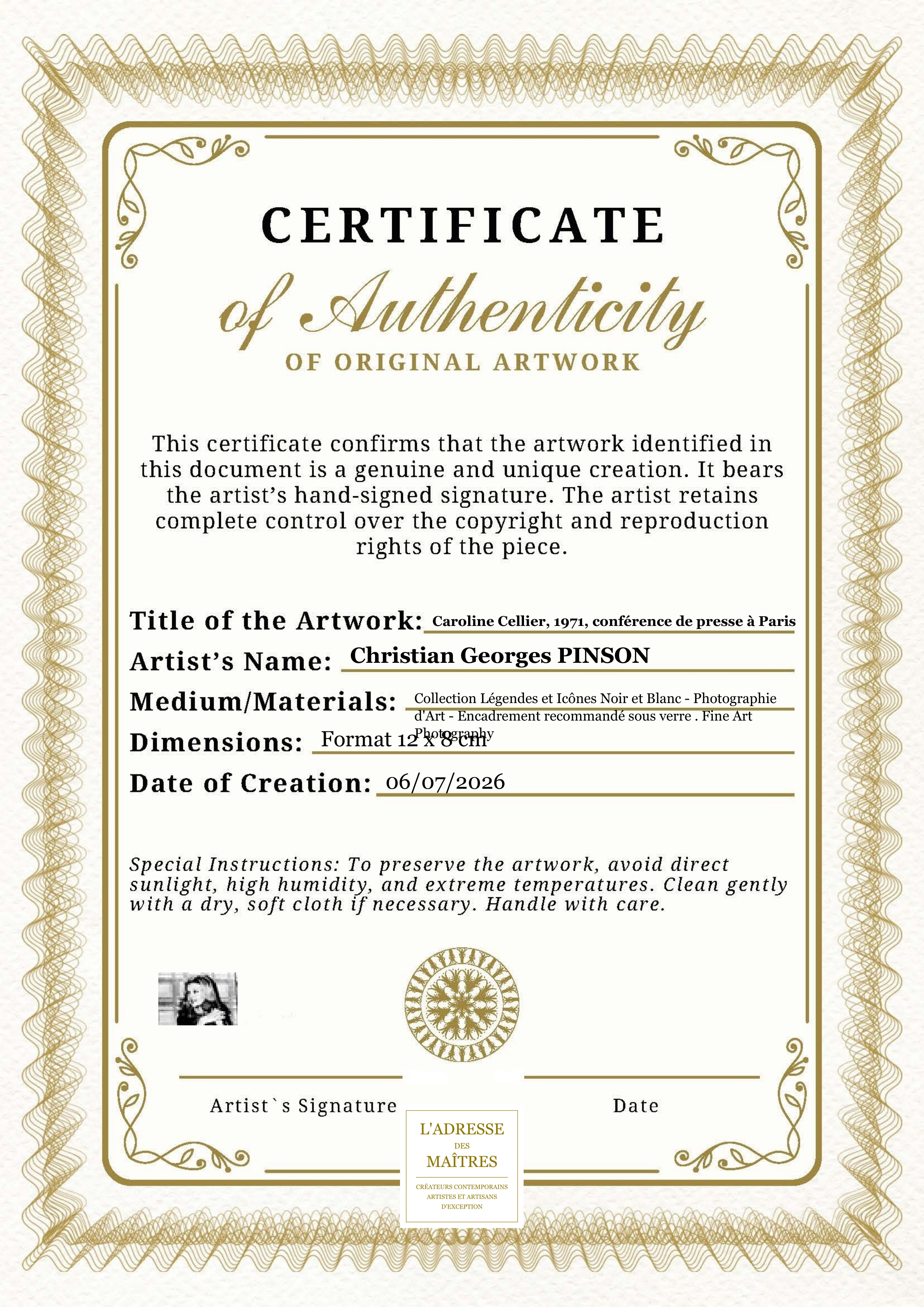 Certificat d'authenticité — Caroline Cellier, 1971, conférence de presse à Paris — Christian Georges PINSON