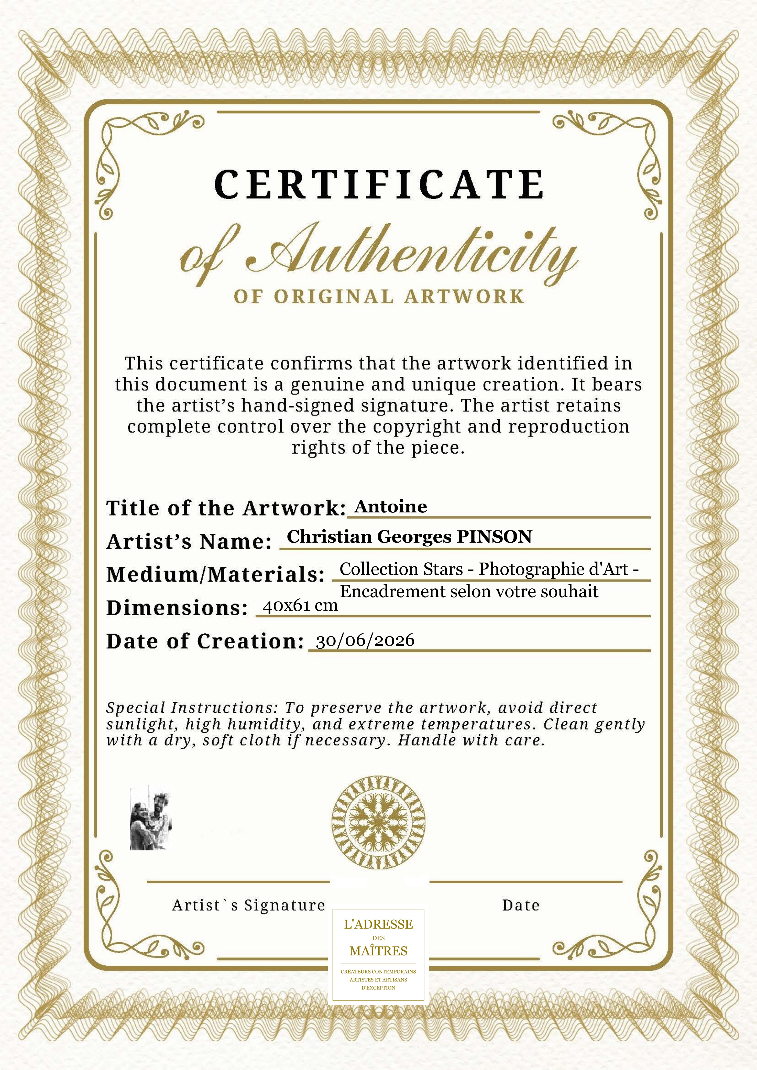 Certificat d'authenticité — Antoine — Christian Georges PINSON