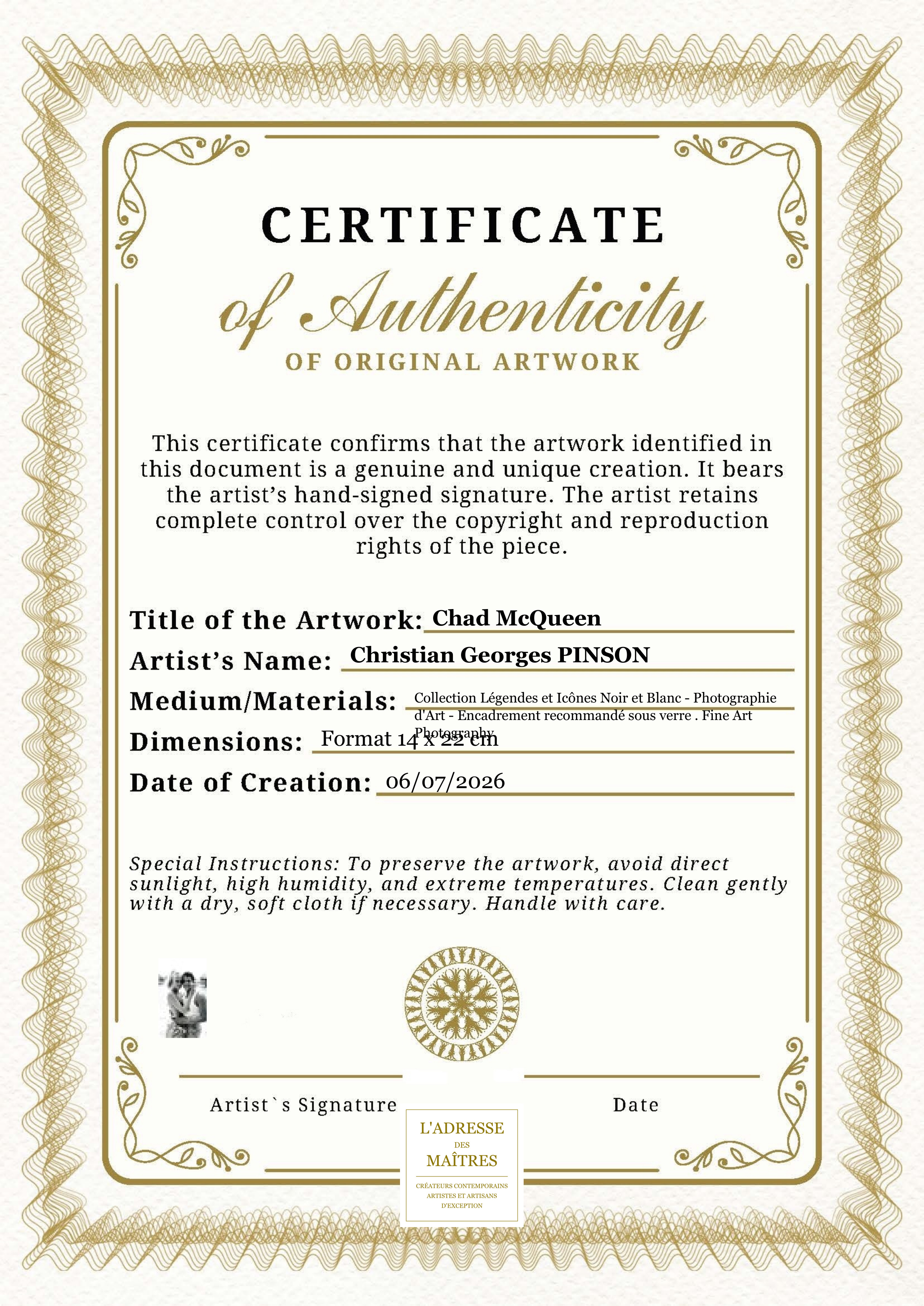 Certificat d'authenticité — Chad McQueen — Christian Georges PINSON