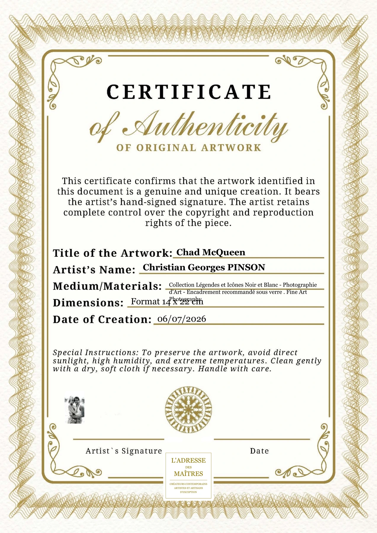 Certificat d'authenticité - Chad McQueen - Christian Georges PINSON