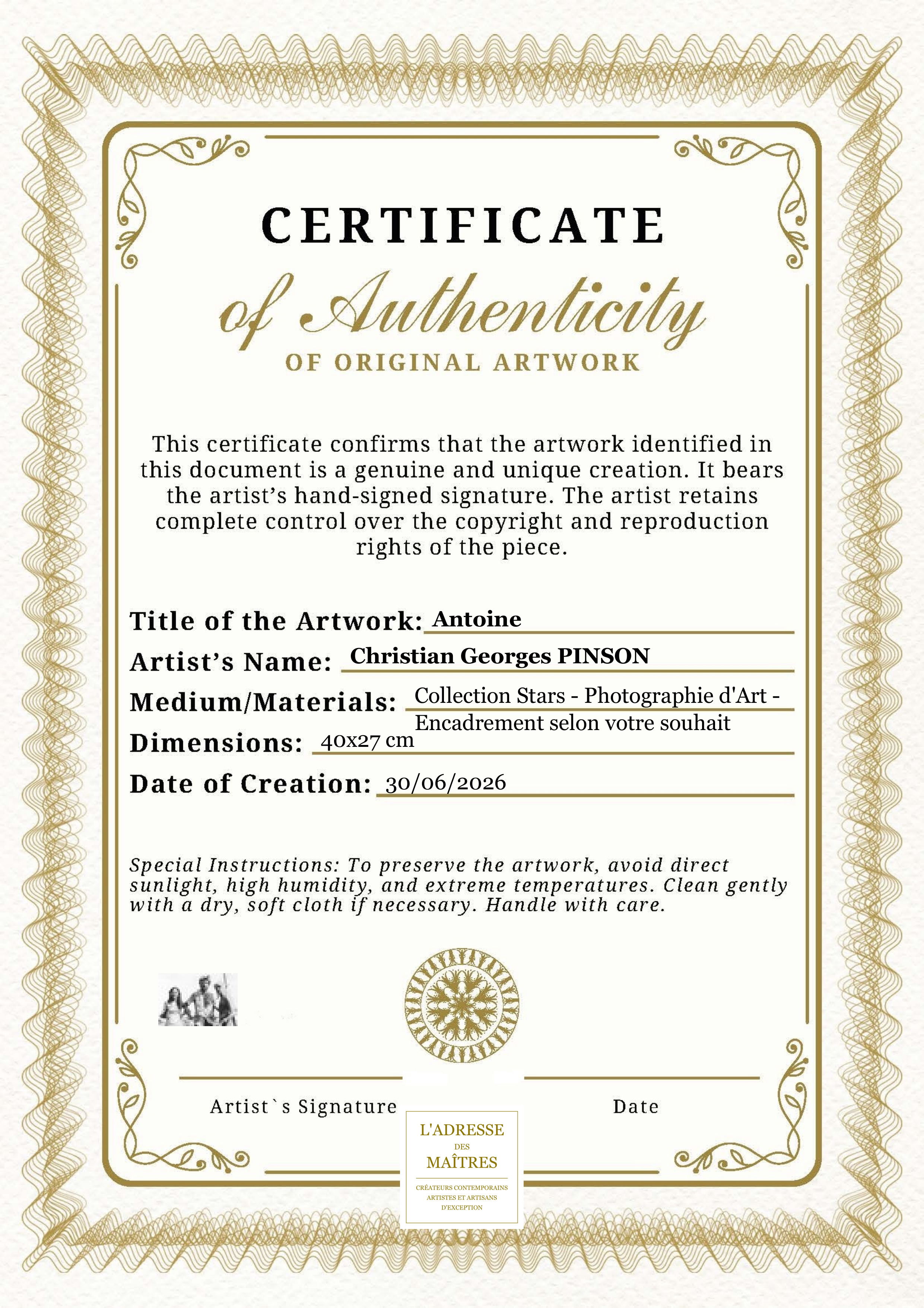 Certificat d'authenticité — Antoine — Christian Georges PINSON