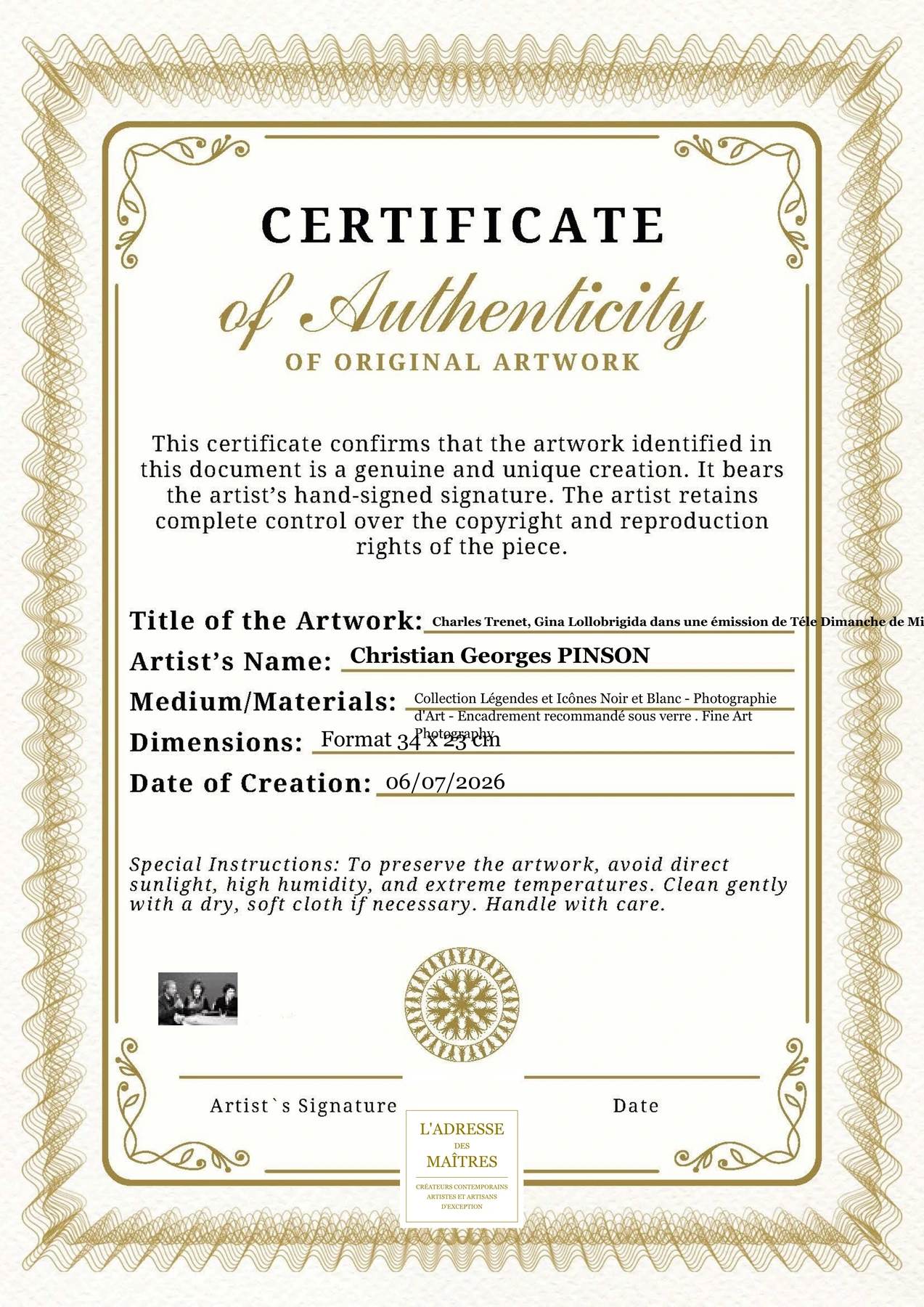 Certificat d'authenticité - Charles Trenet, Gina Lollobrigida dans une émission de Téle Dimanche de Michel Drucker - Christian Georges PINSON