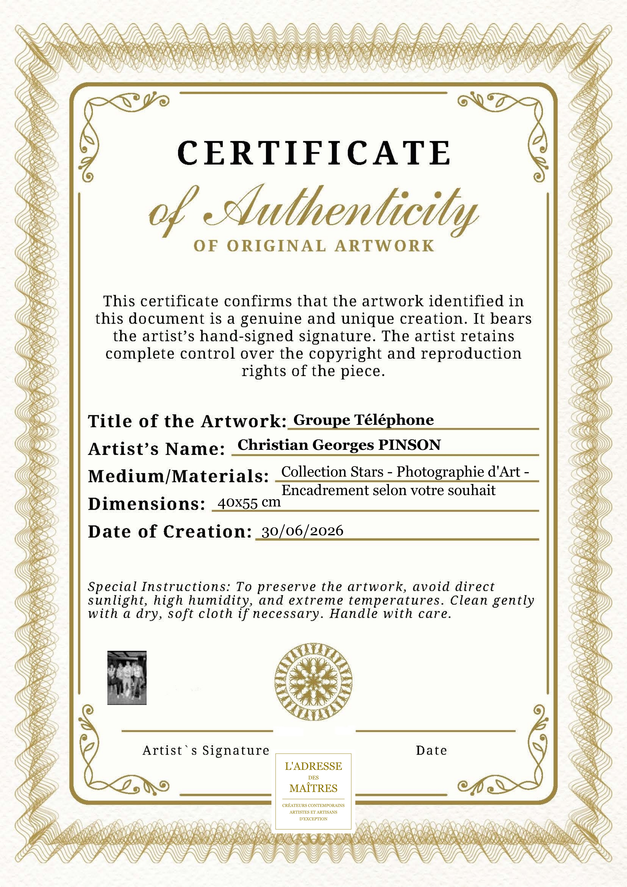 Certificat d'authenticité — Groupe Téléphone — Christian Georges PINSON