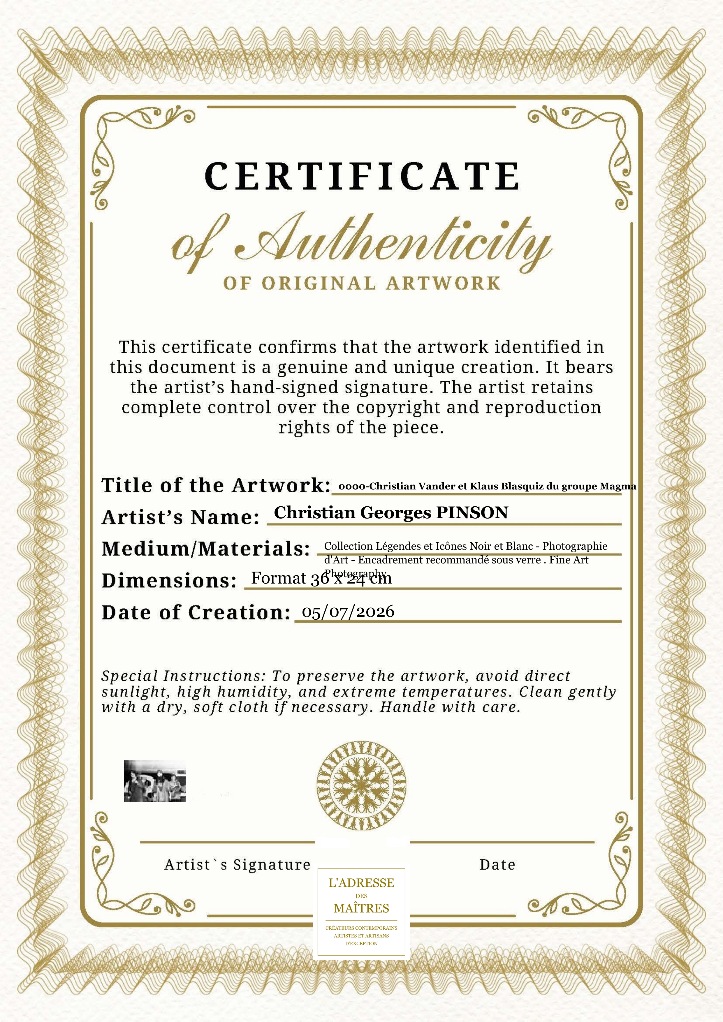 Certificat d'authenticité — 0000-Christian Vander et Klaus Blasquiz du groupe Magma — Christian Georges PINSON