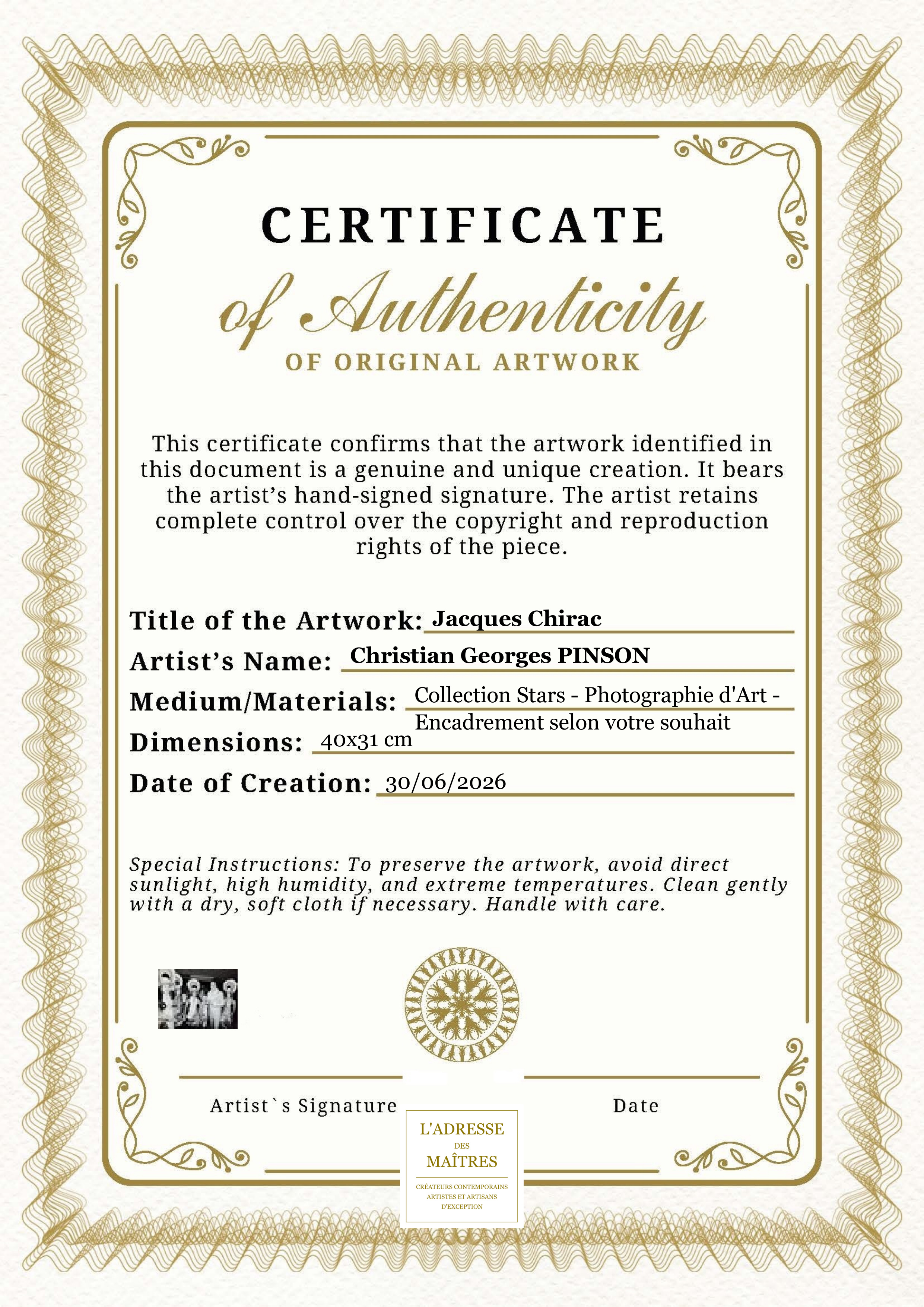Certificat d'authenticité — Jacques Chirac — Christian Georges PINSON
