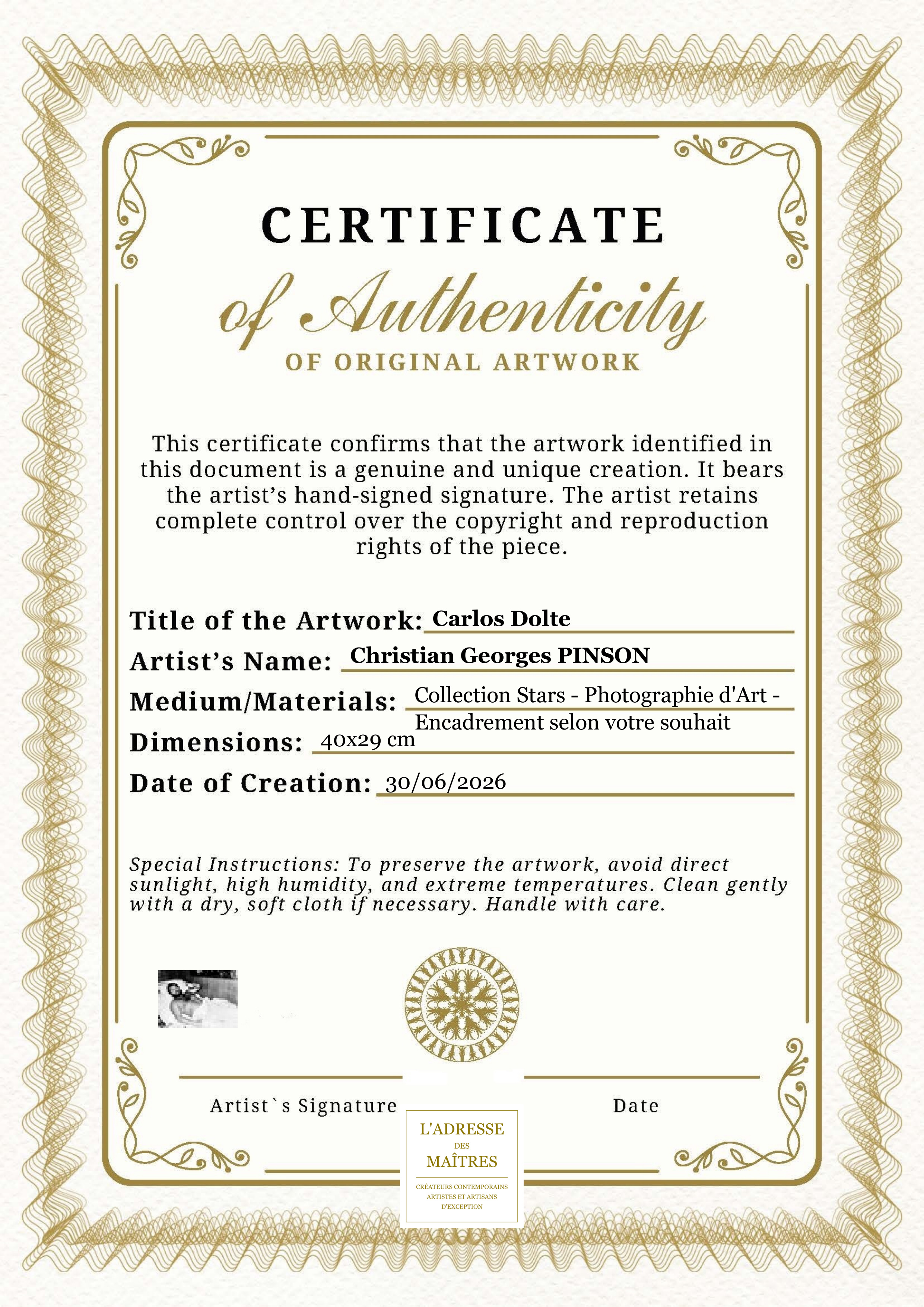 Certificat d'authenticité — Carlos Dolte — Christian Georges PINSON