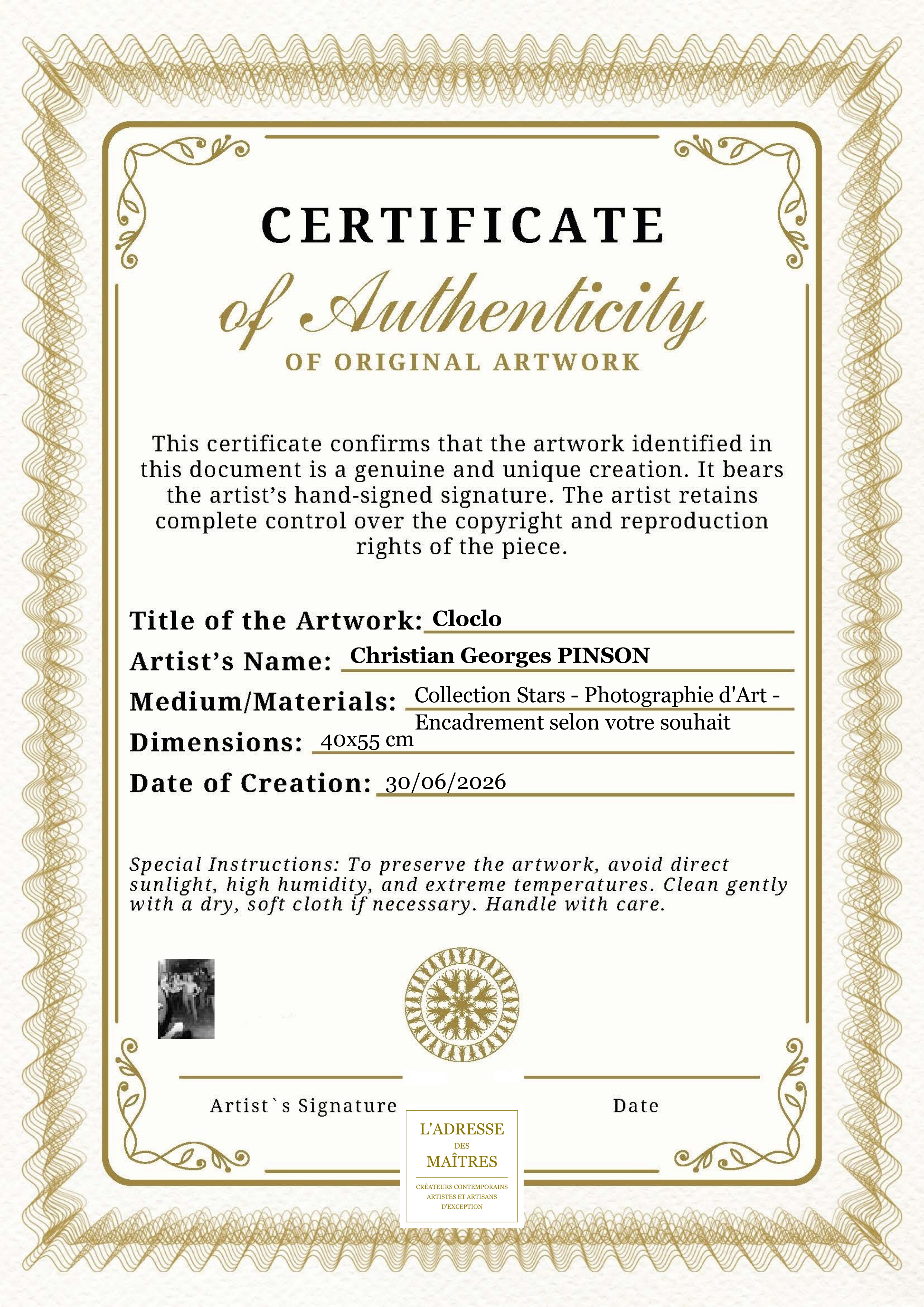 Certificat d'authenticité — Cloclo — Christian Georges PINSON