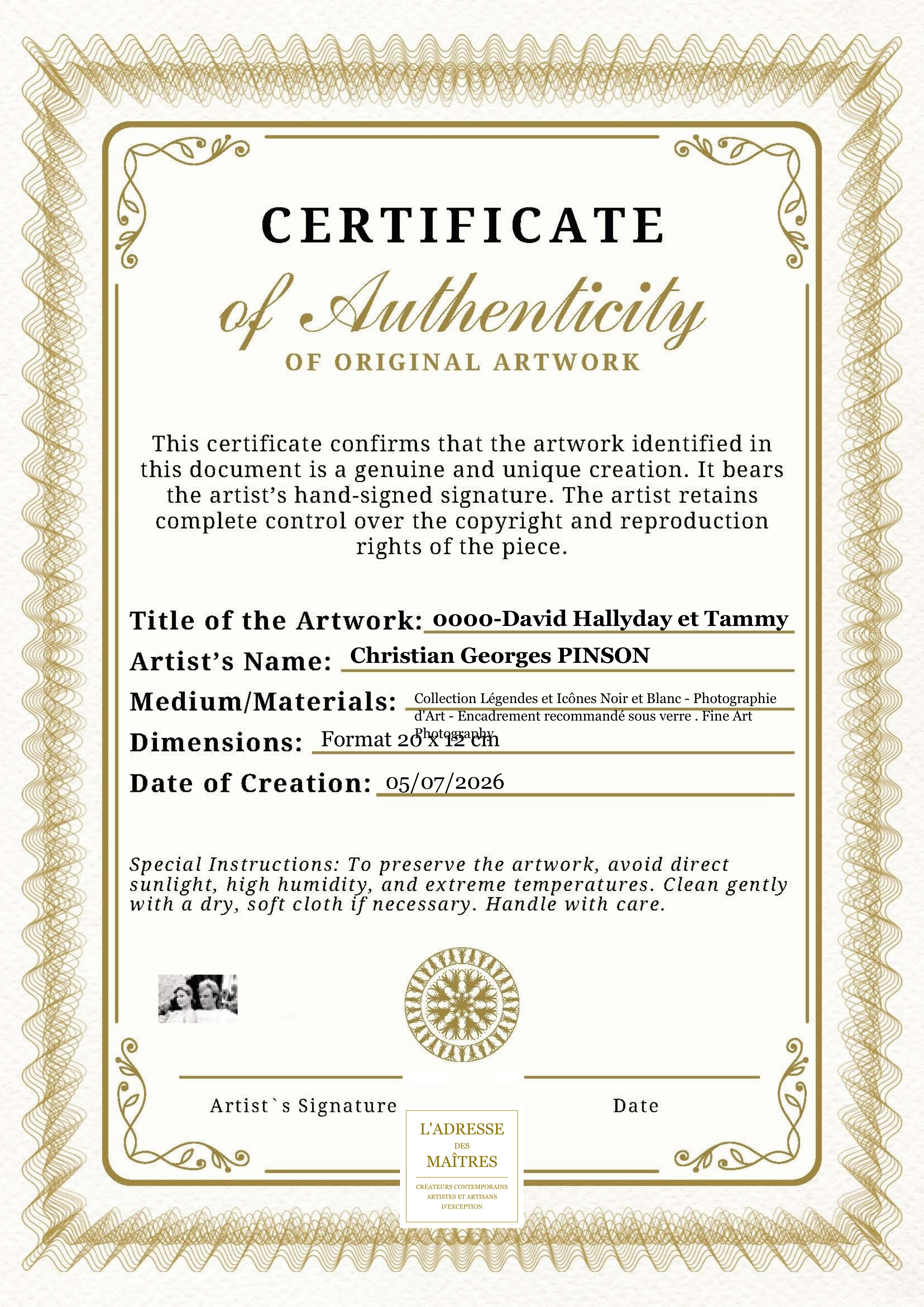 Certificat d'authenticité — 0000-David Hallyday et Tammy — Christian Georges PINSON