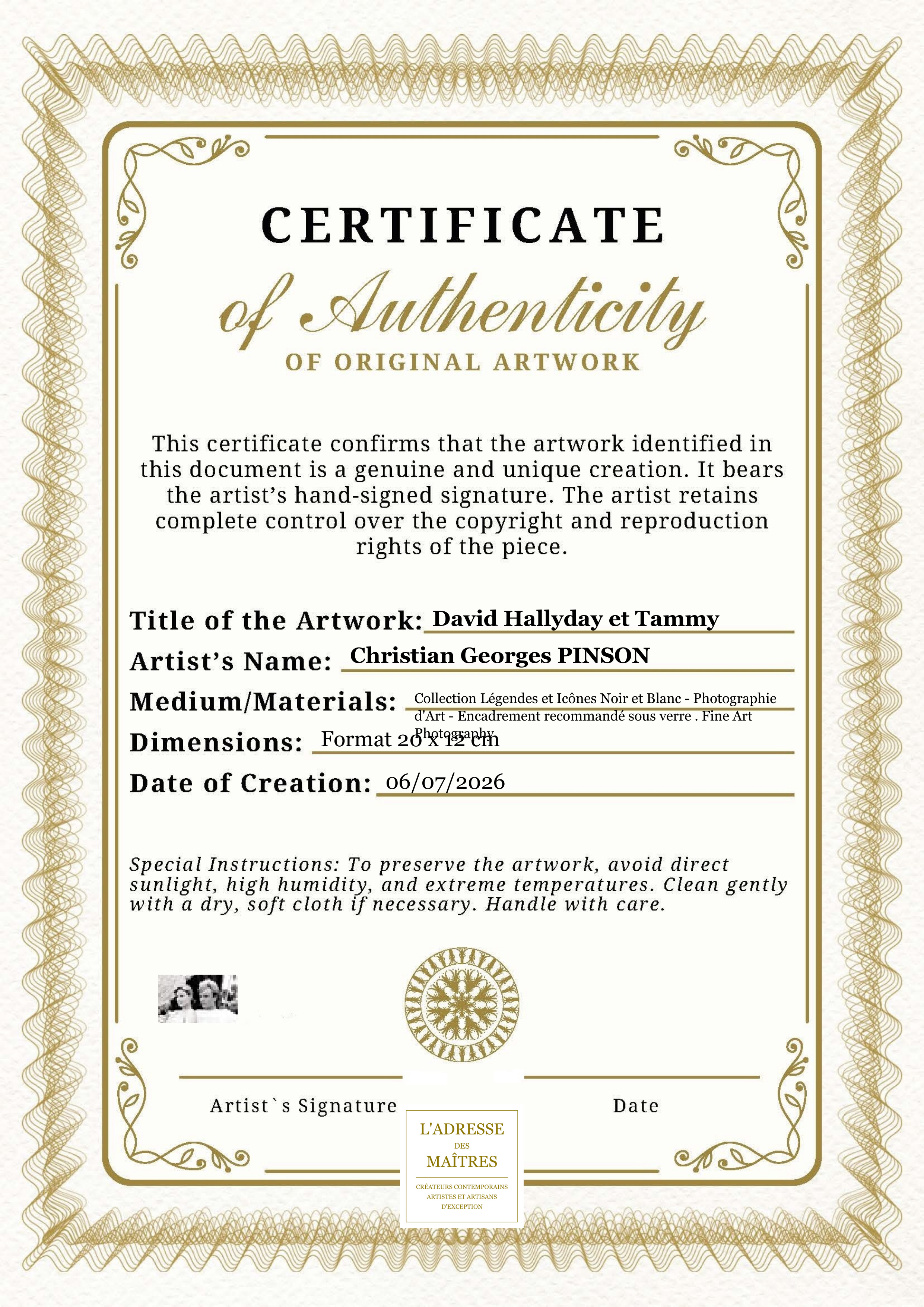 Certificat d'authenticité — David Hallyday et Tammy — Christian Georges PINSON