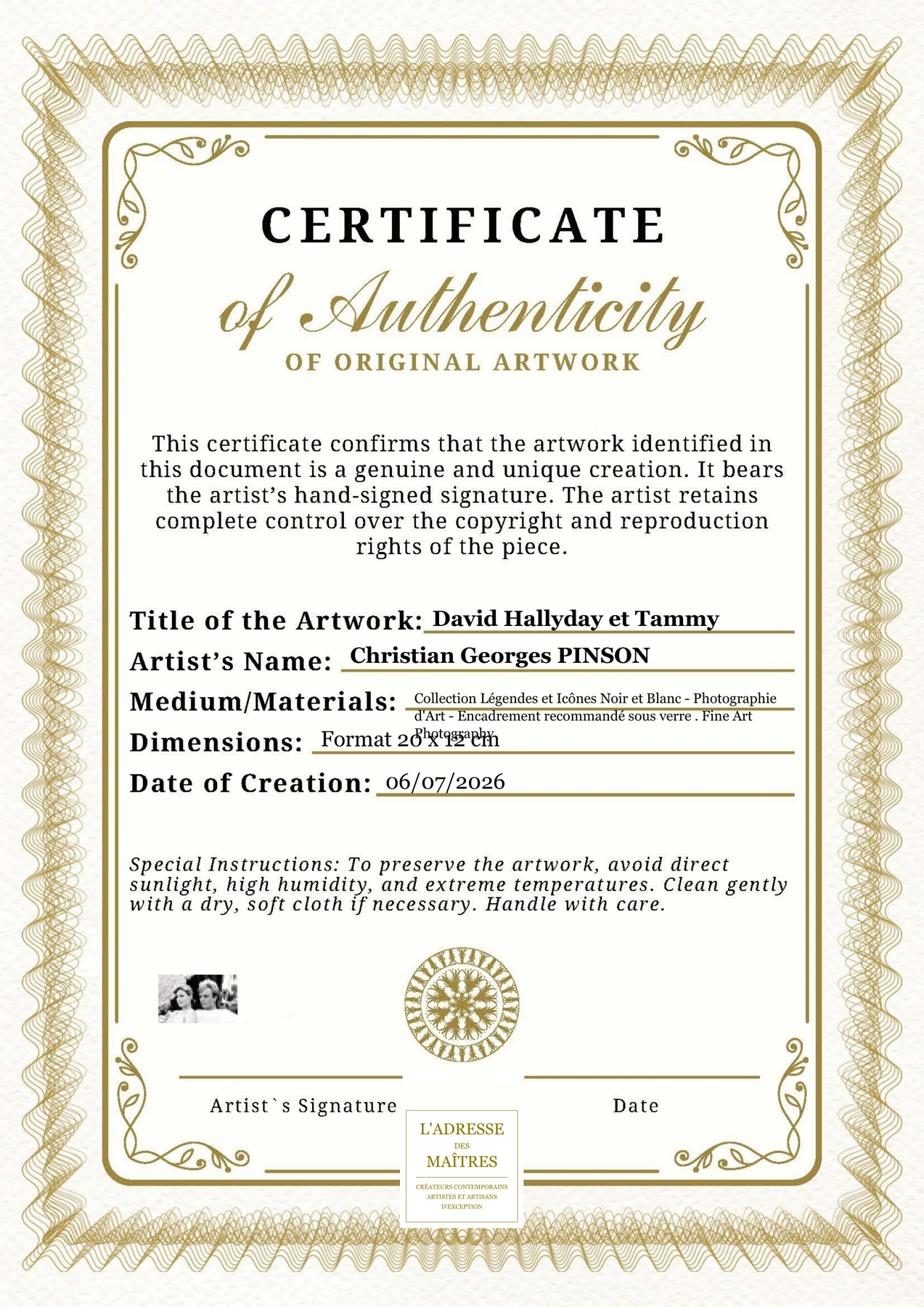 Certificat d'authenticité - David Hallyday et Tammy - Christian Georges PINSON