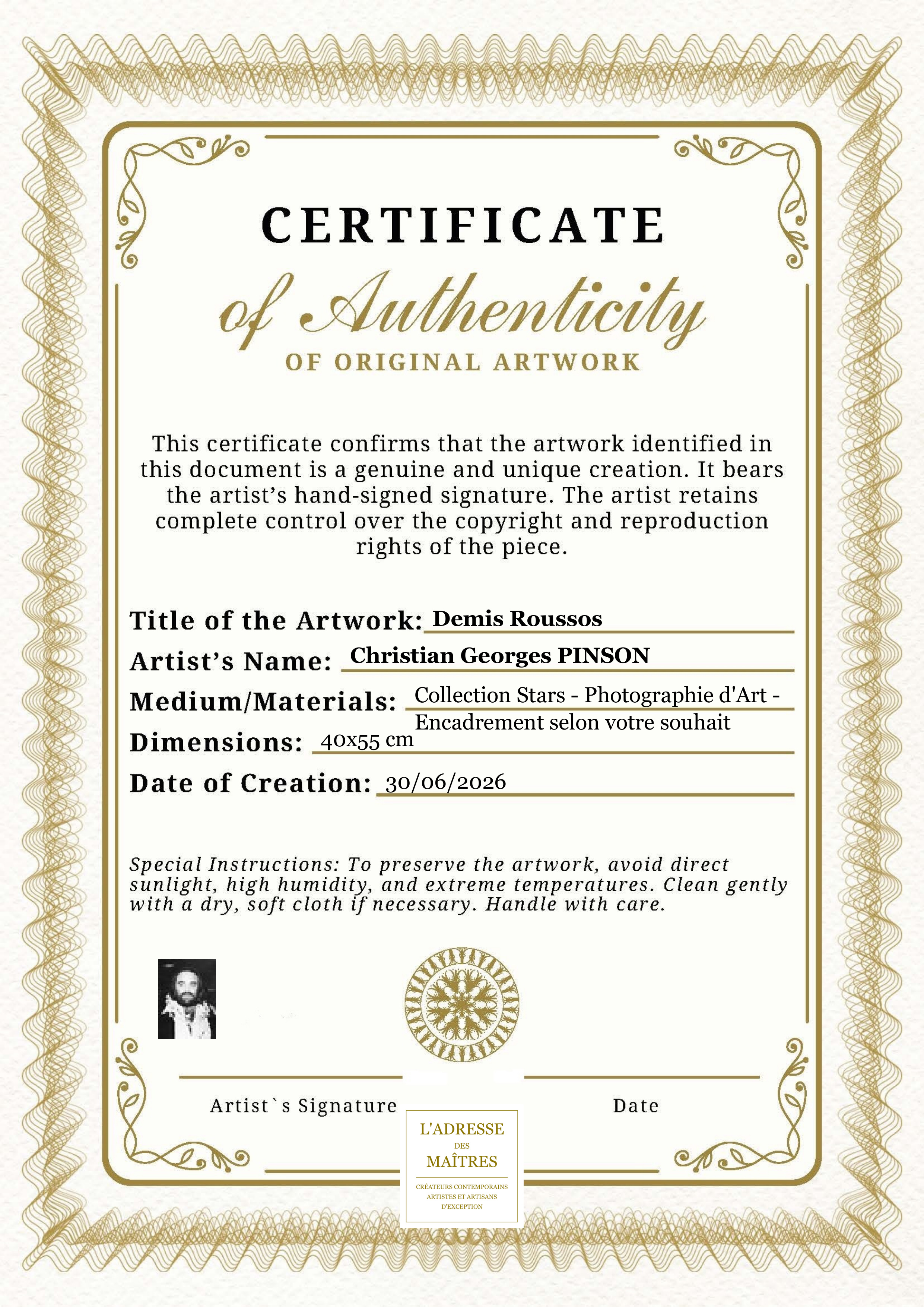 Certificat d'authenticité — Demis Roussos — Christian Georges PINSON