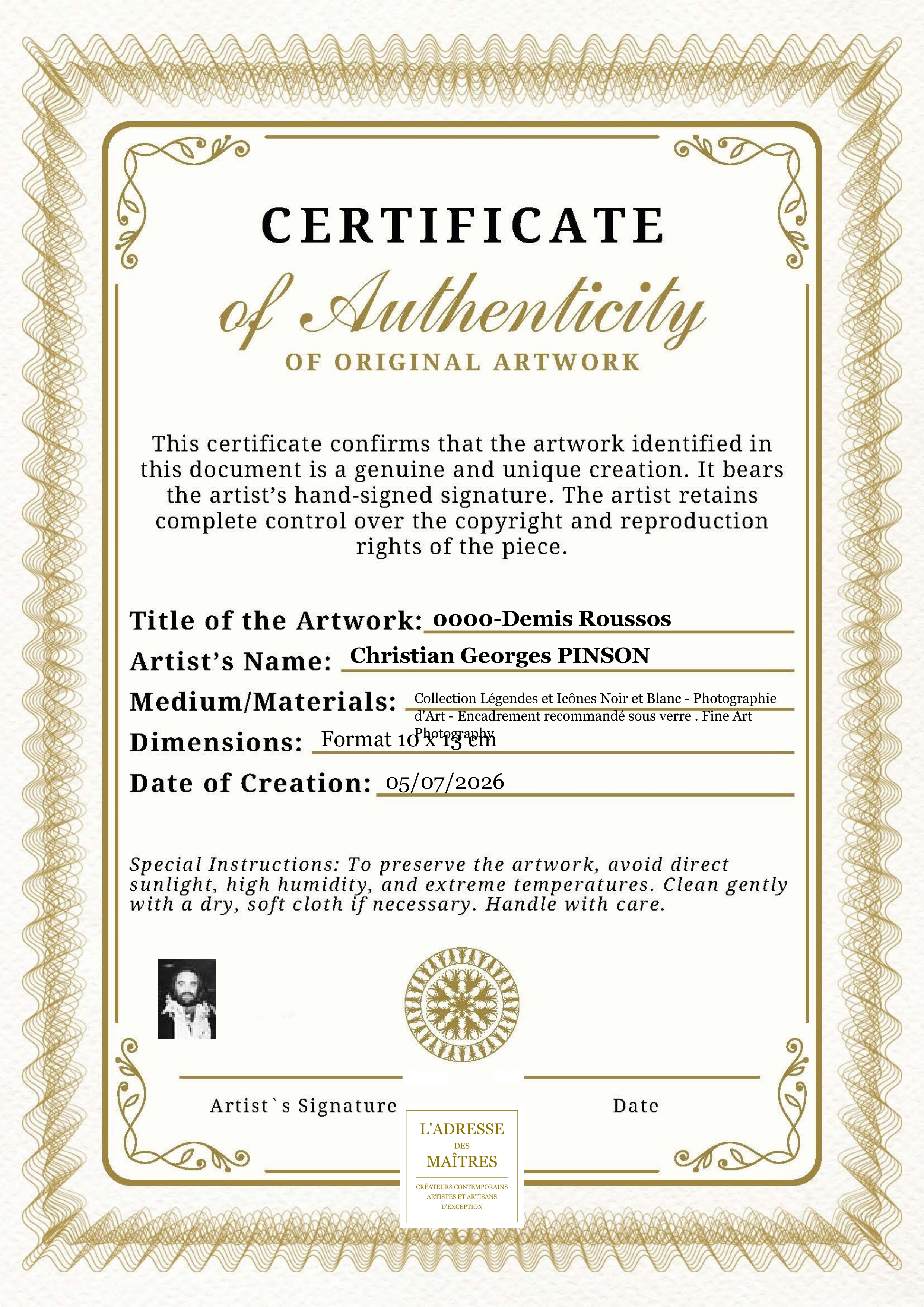 Certificat d'authenticité — 0000-Demis Roussos — Christian Georges PINSON