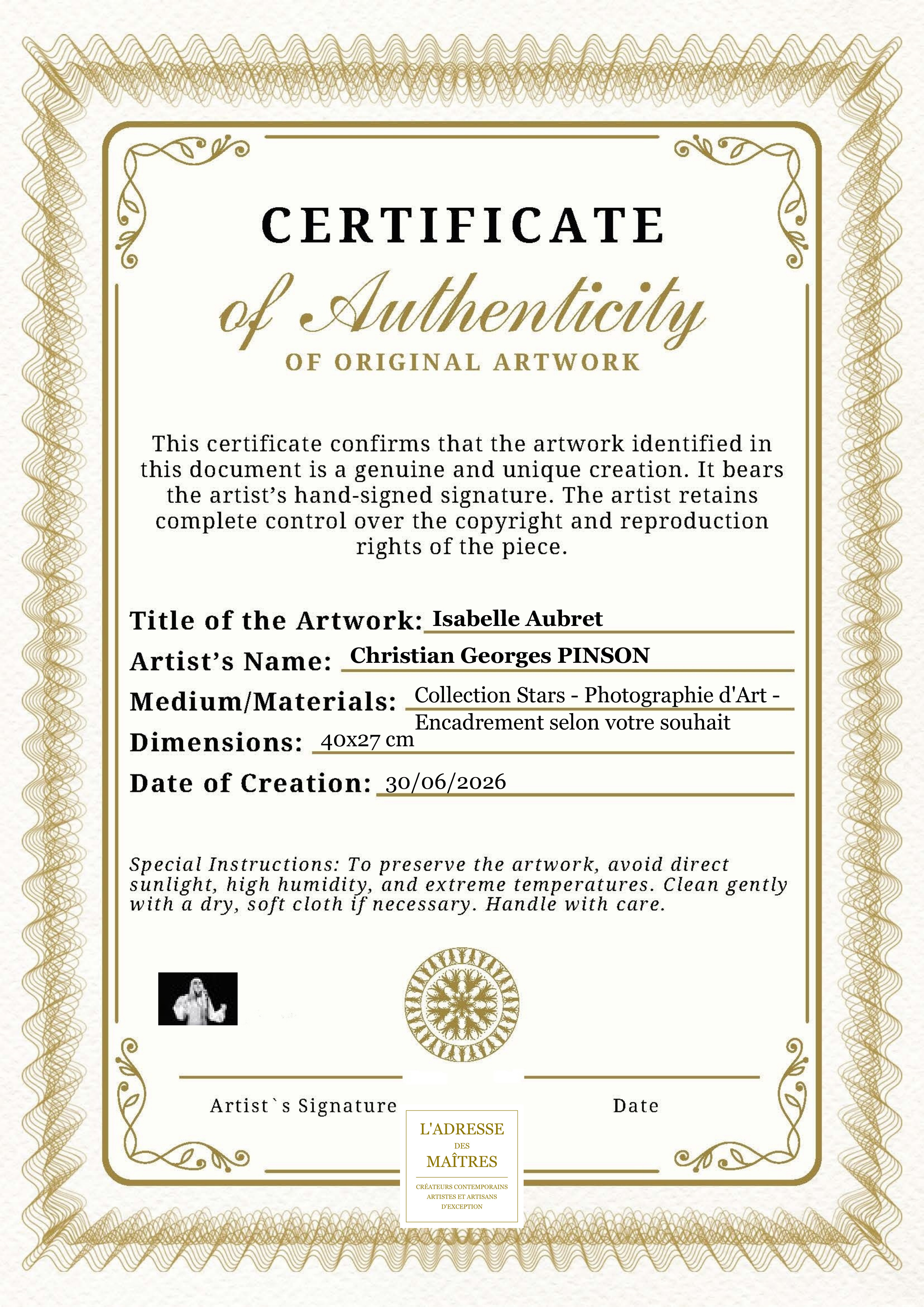 Certificat d'authenticité — Isabelle Aubret — Christian Georges PINSON