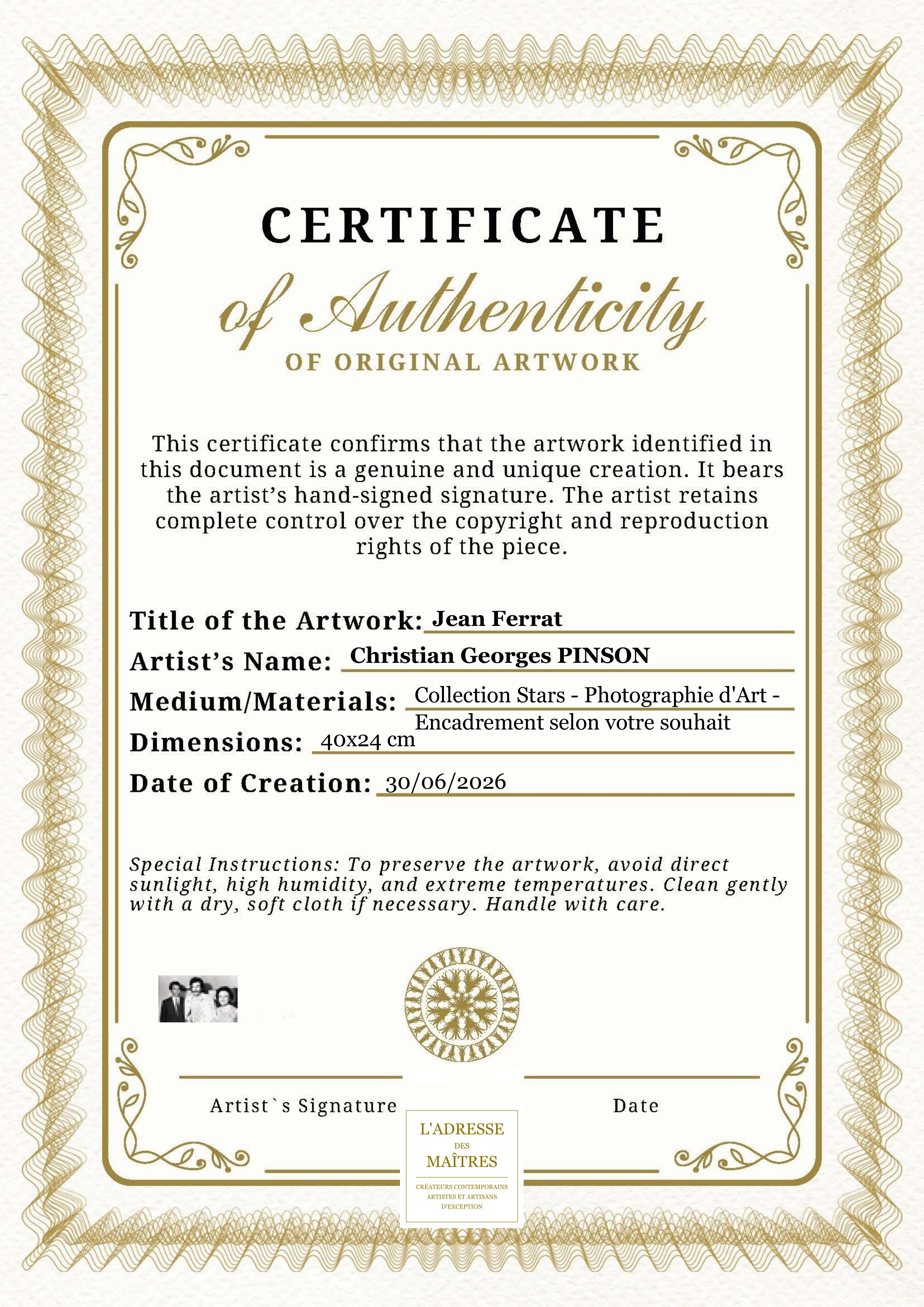 Certificat d'authenticité — Jean Ferrat — Christian Georges PINSON