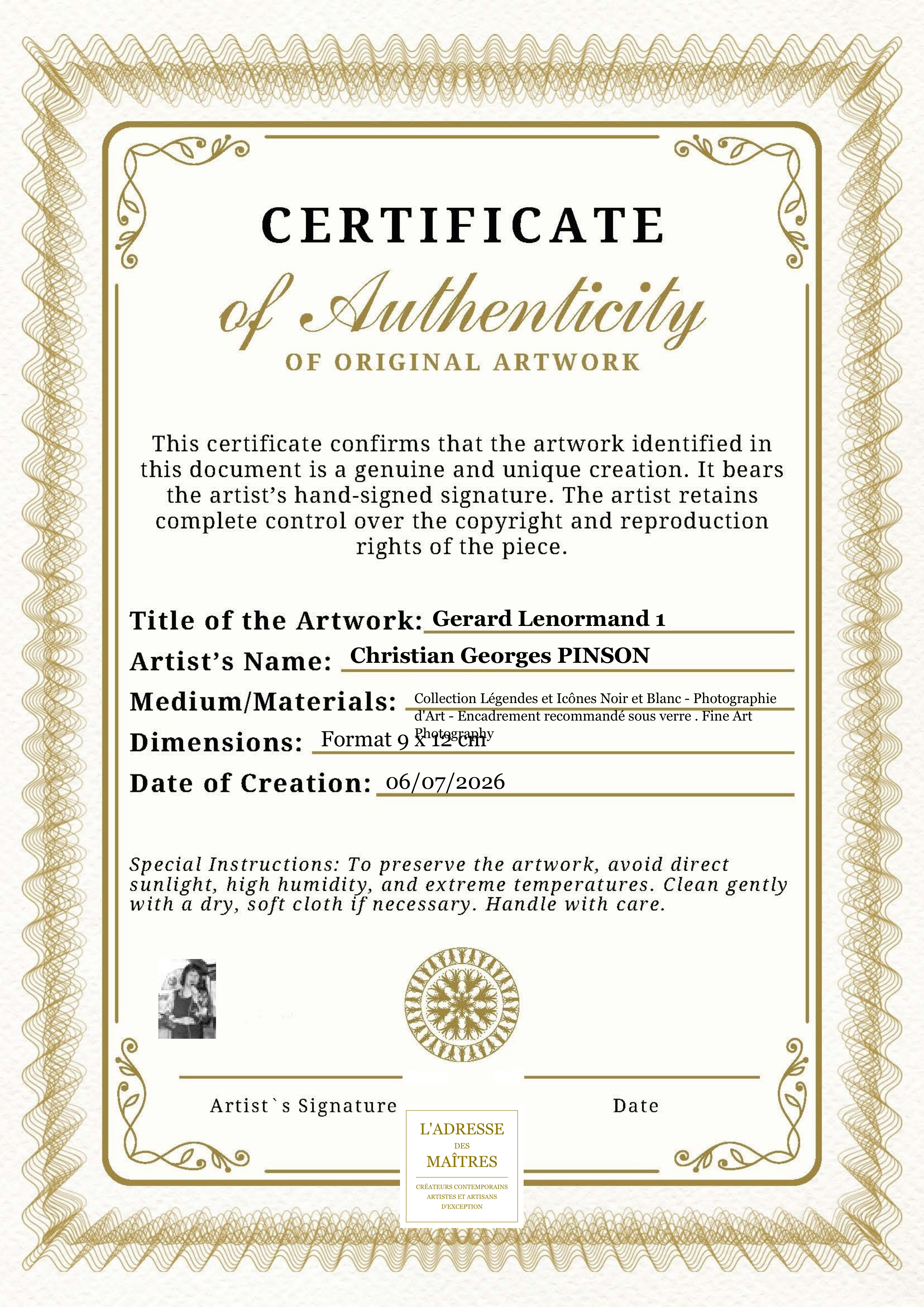 Certificat d'authenticité — Gerard Lenormand 1 — Christian Georges PINSON