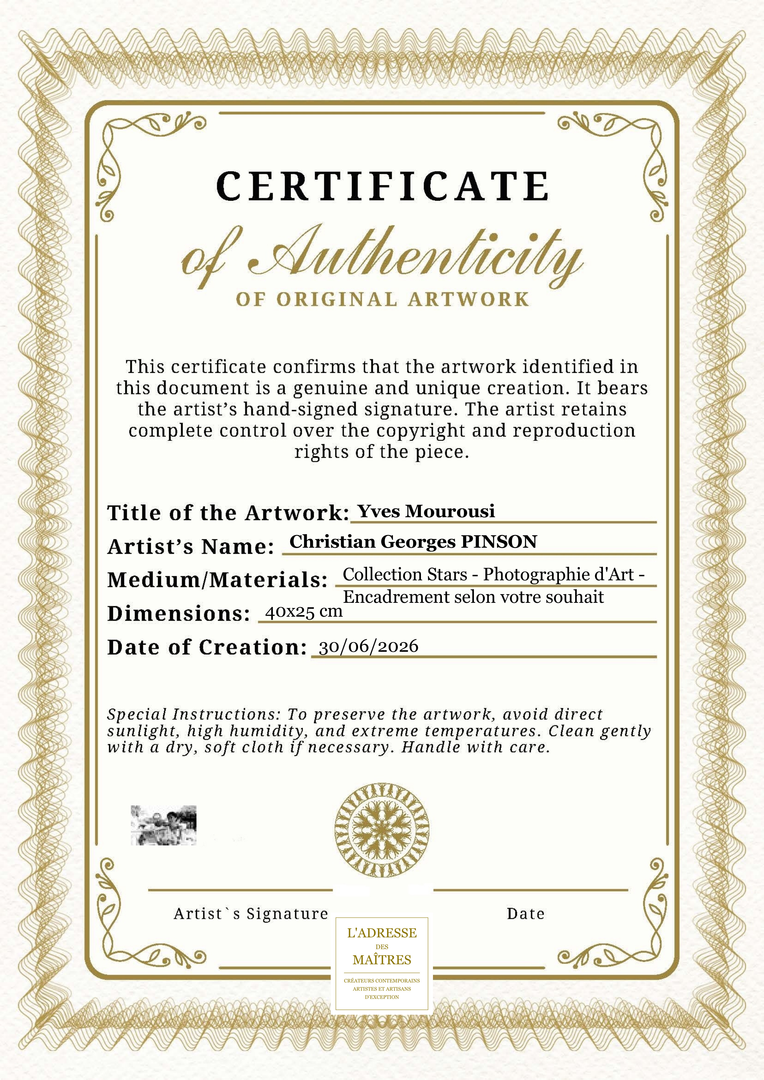 Certificat d'authenticité — Yves Mourousi — Christian Georges PINSON