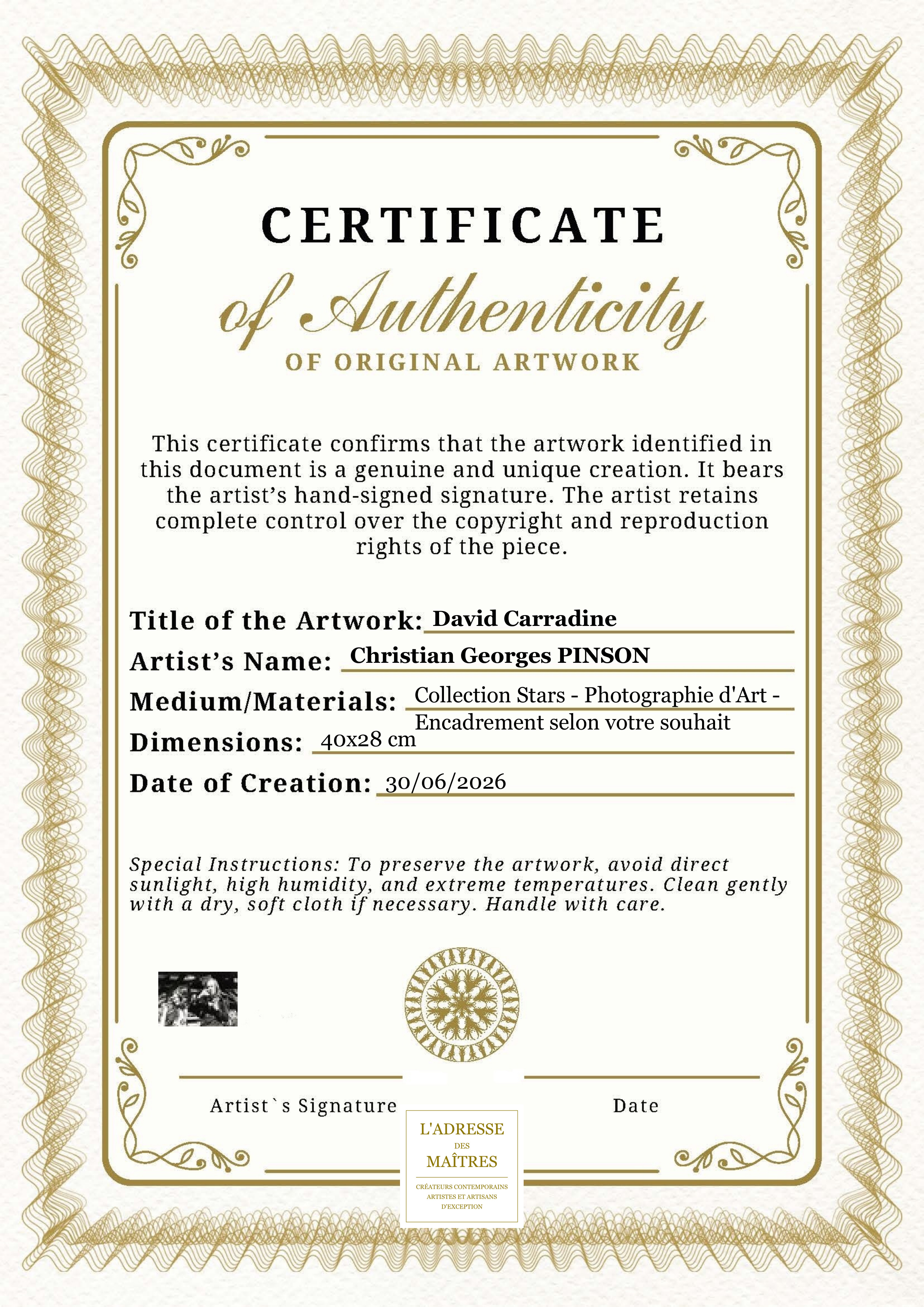 Certificat d'authenticité — David Carradine — Christian Georges PINSON