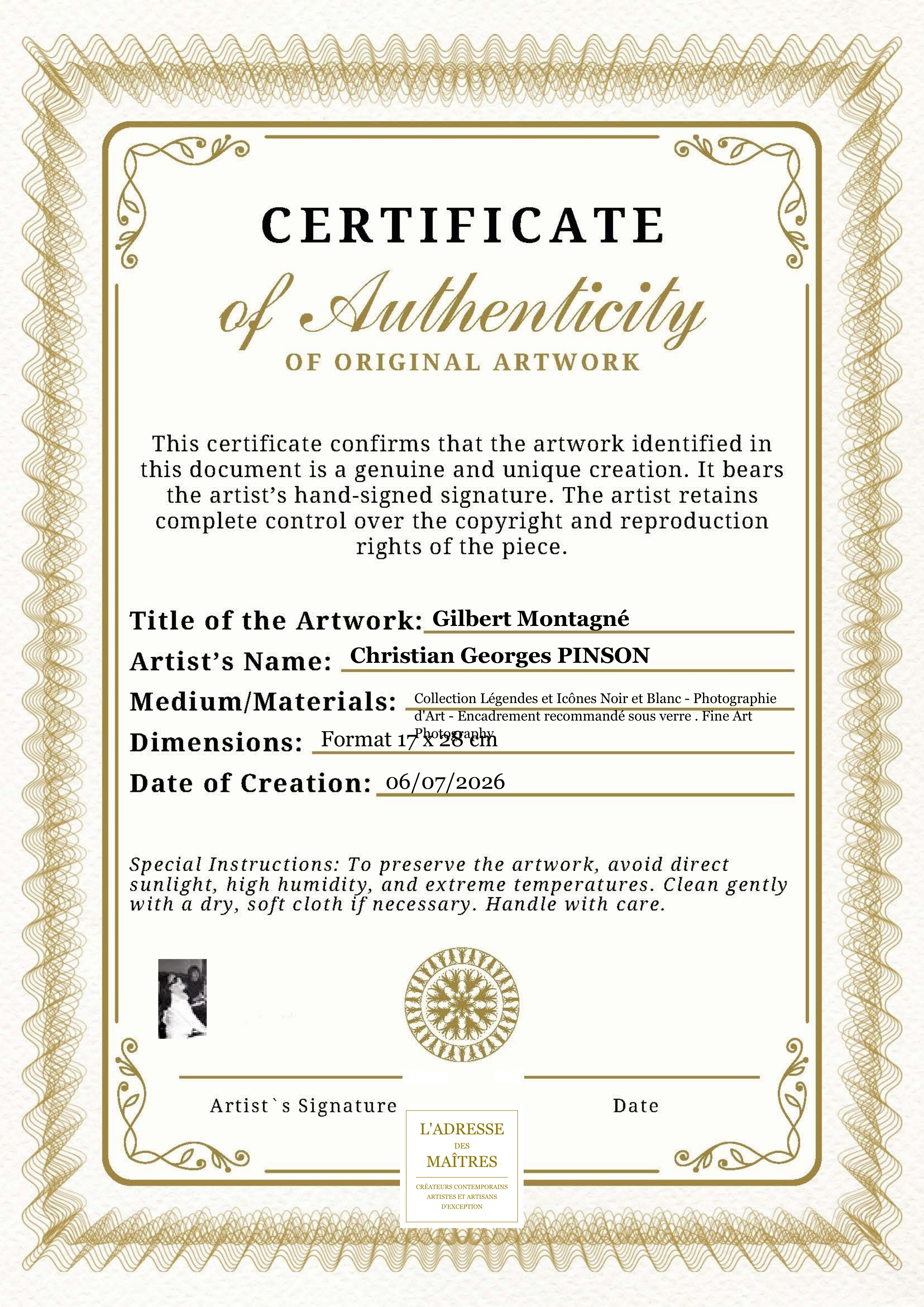 Certificat d'authenticité — Gilbert Montagné — Christian Georges PINSON