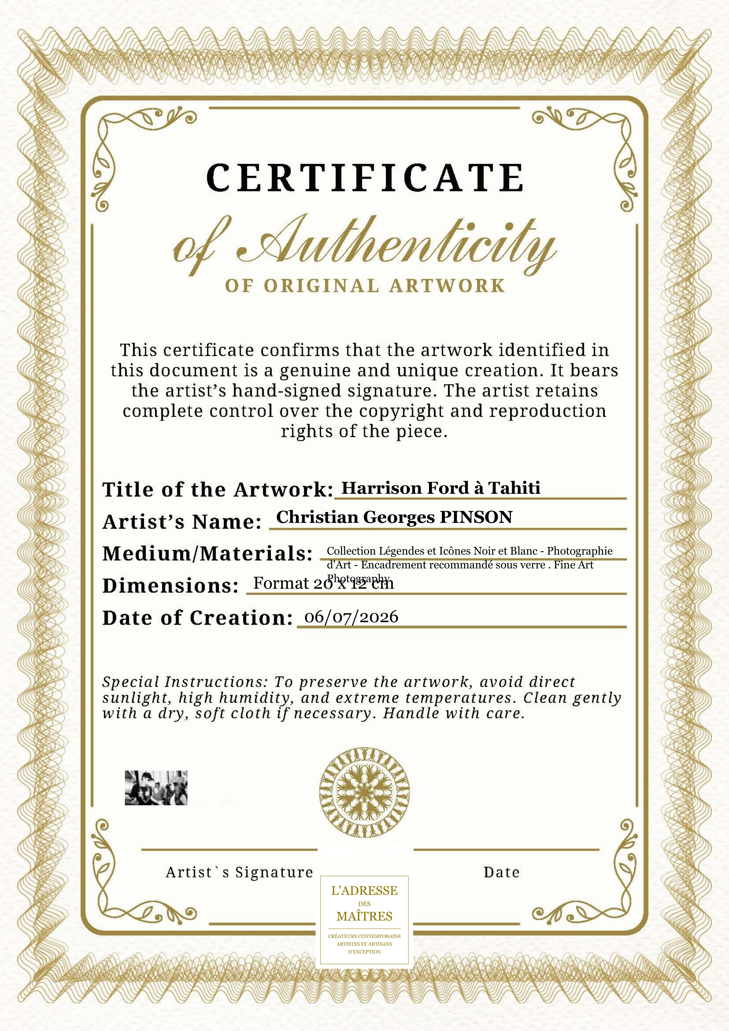 Certificat d'authenticité — Harrison Ford à Tahiti — Christian Georges PINSON