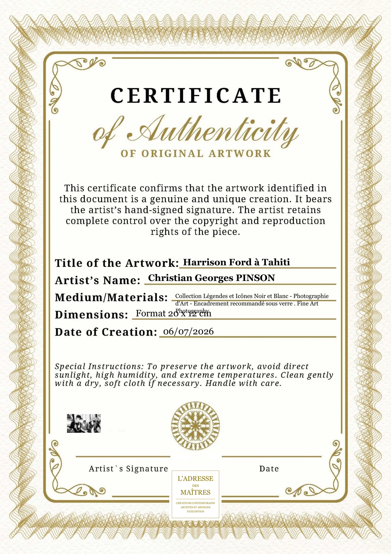 Certificat d'authenticité - Harrison Ford à Tahiti - Christian Georges PINSON