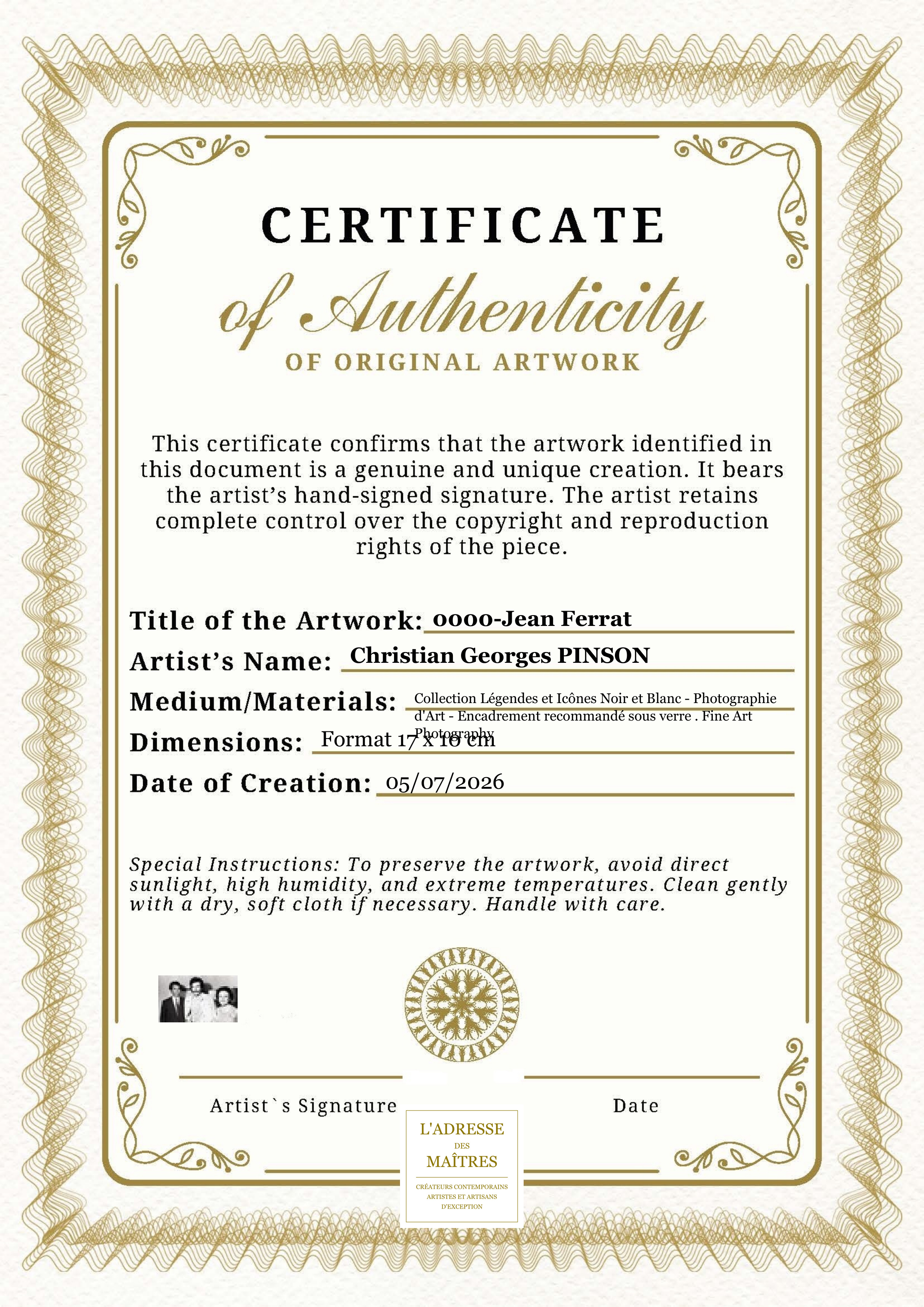 Certificat d'authenticité — 0000-Jean Ferrat — Christian Georges PINSON