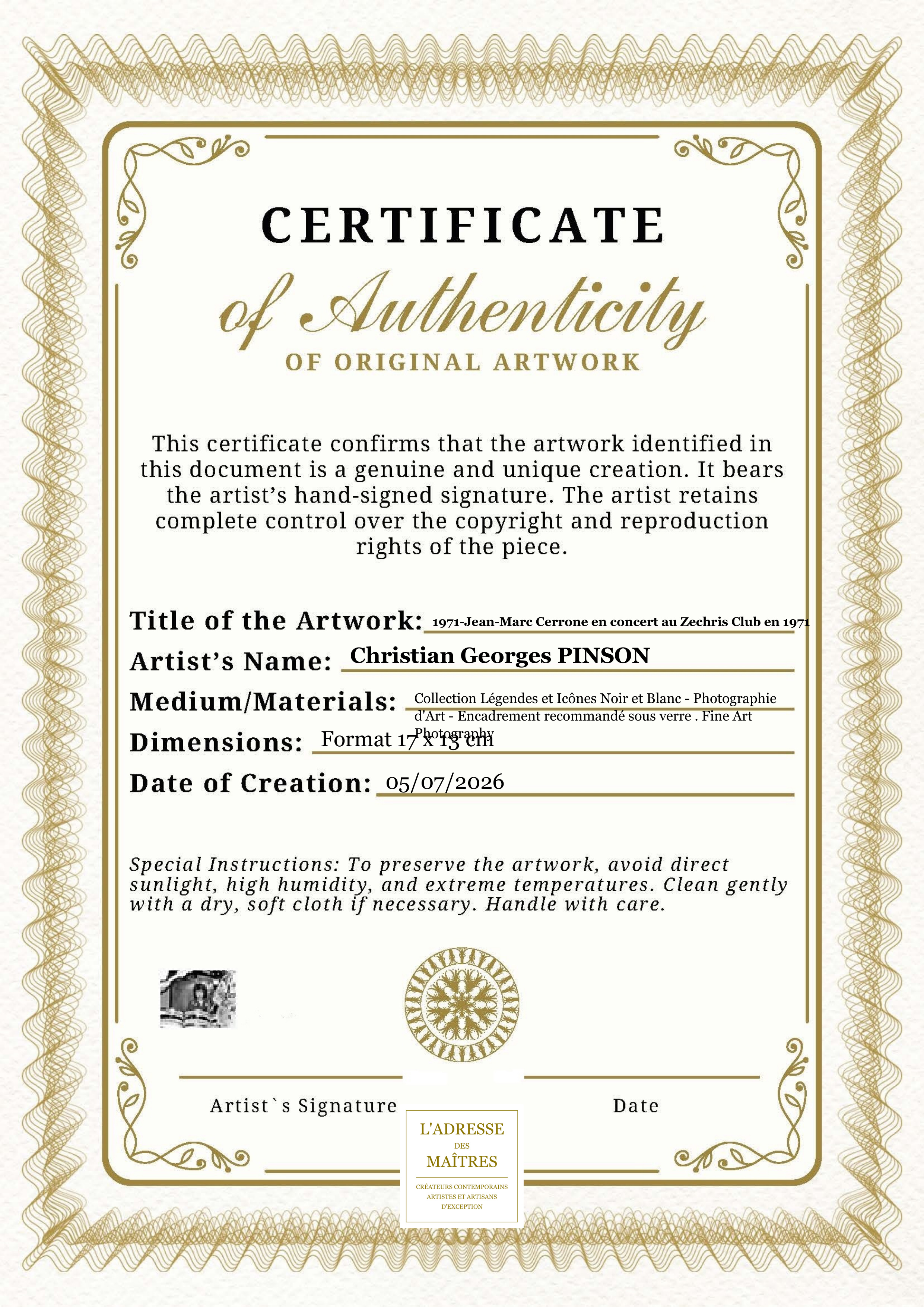Certificat d'authenticité — 1971-Jean-Marc Cerrone en concert au Zechris Club en 1971 — Christian Georges PINSON