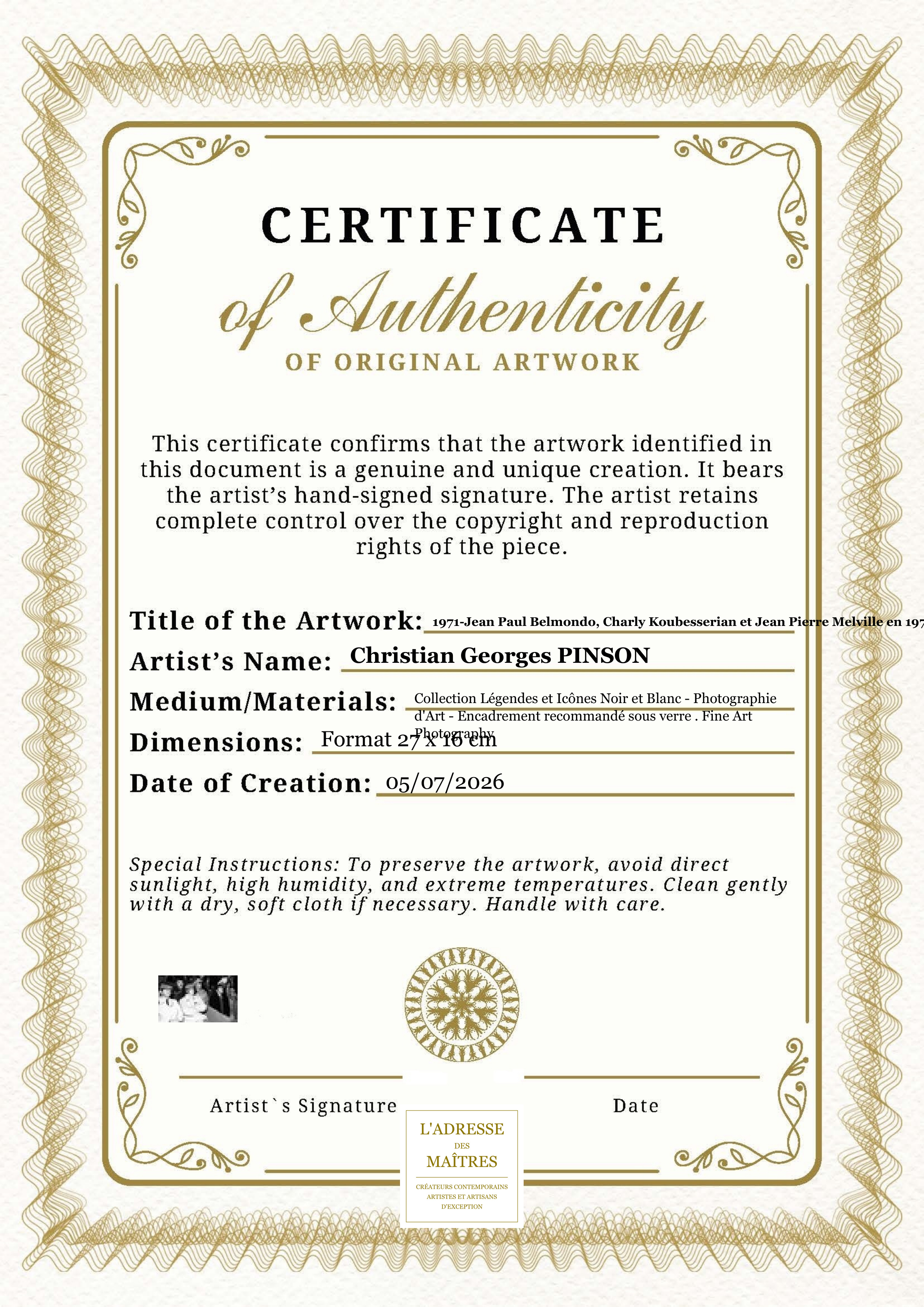 Certificat d'authenticité — 1971-Jean Paul Belmondo, Charly Koubesserian et Jean Pierre Melville en 1971 — Christian Georges PINSON