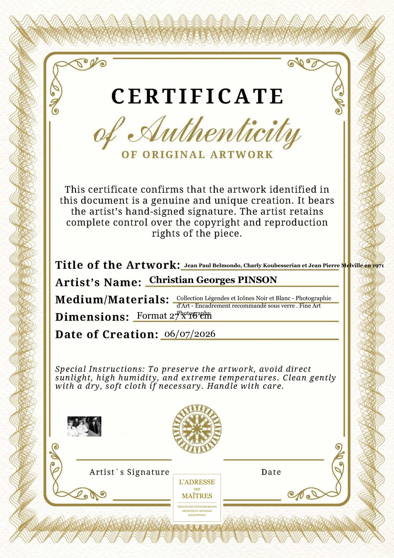 Certificat d'authenticité - Jean Paul Belmondo, Charly Koubesserian et Jean Pierre Melville en 1971 - Christian Georges PINSON
