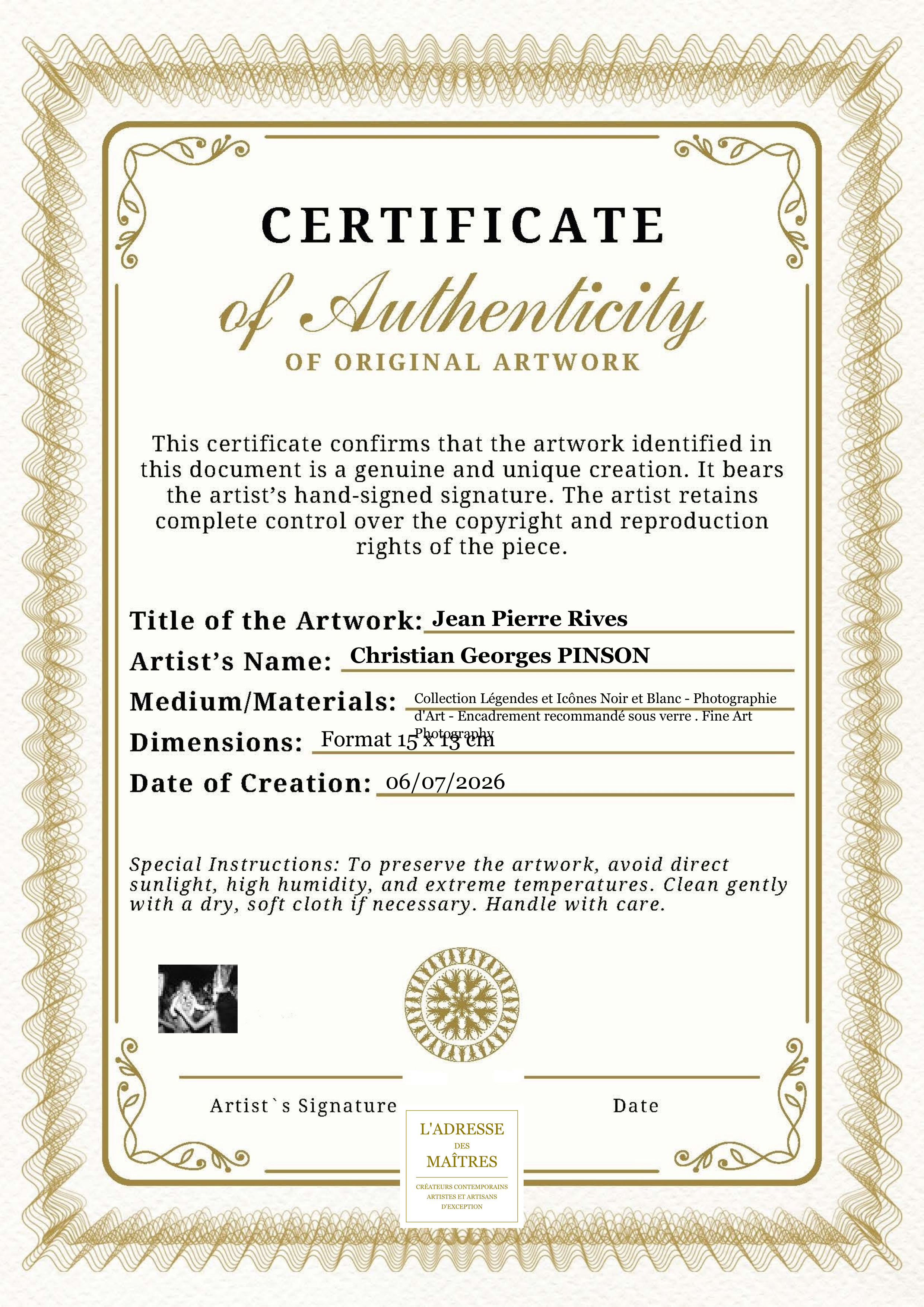 Certificat d'authenticité — Jean Pierre Rives — Christian Georges PINSON