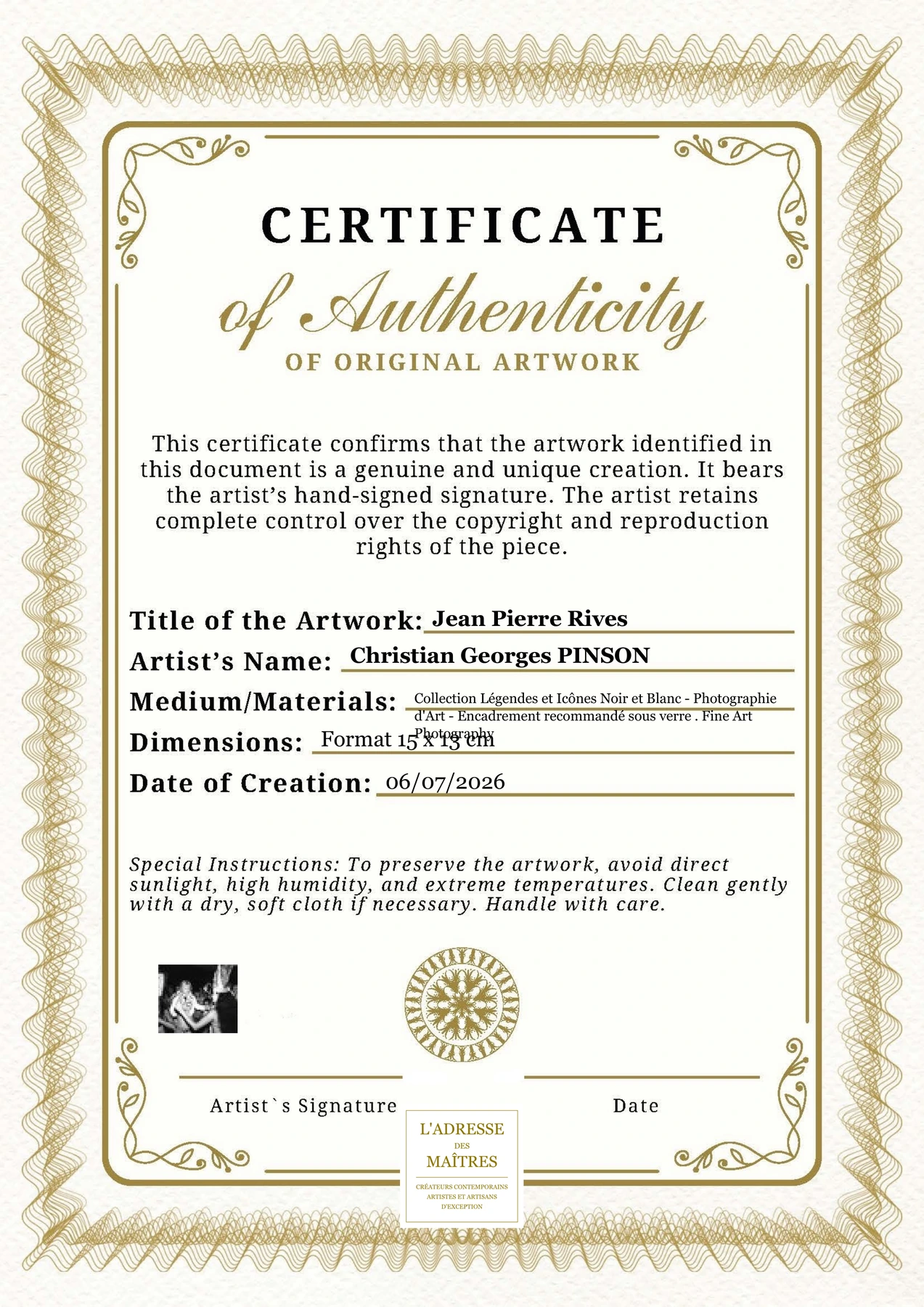 Certificat d'authenticité - Jean Pierre Rives - Christian Georges PINSON