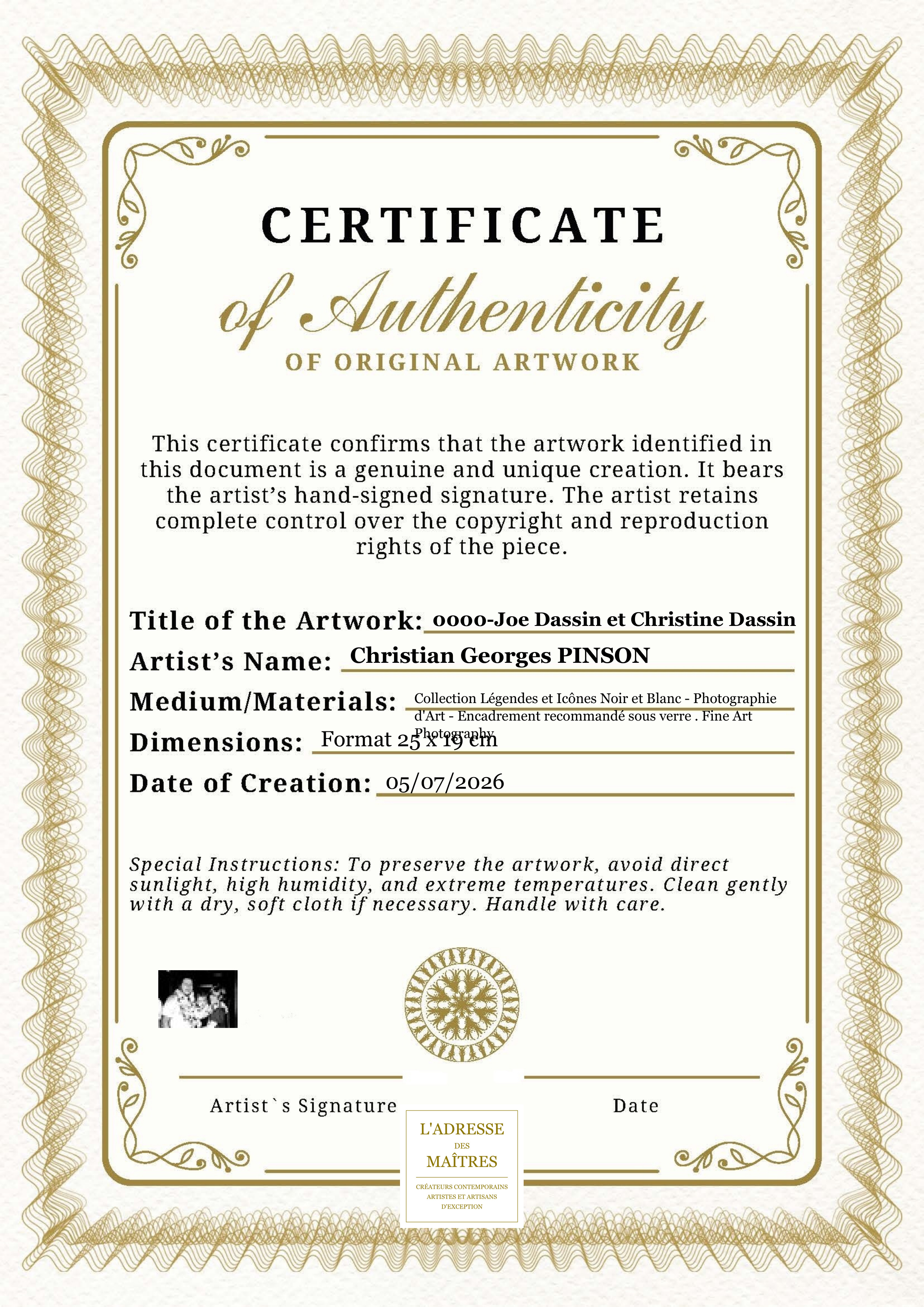 Certificat d'authenticité — 0000-Joe Dassin et Christine Dassin — Christian Georges PINSON
