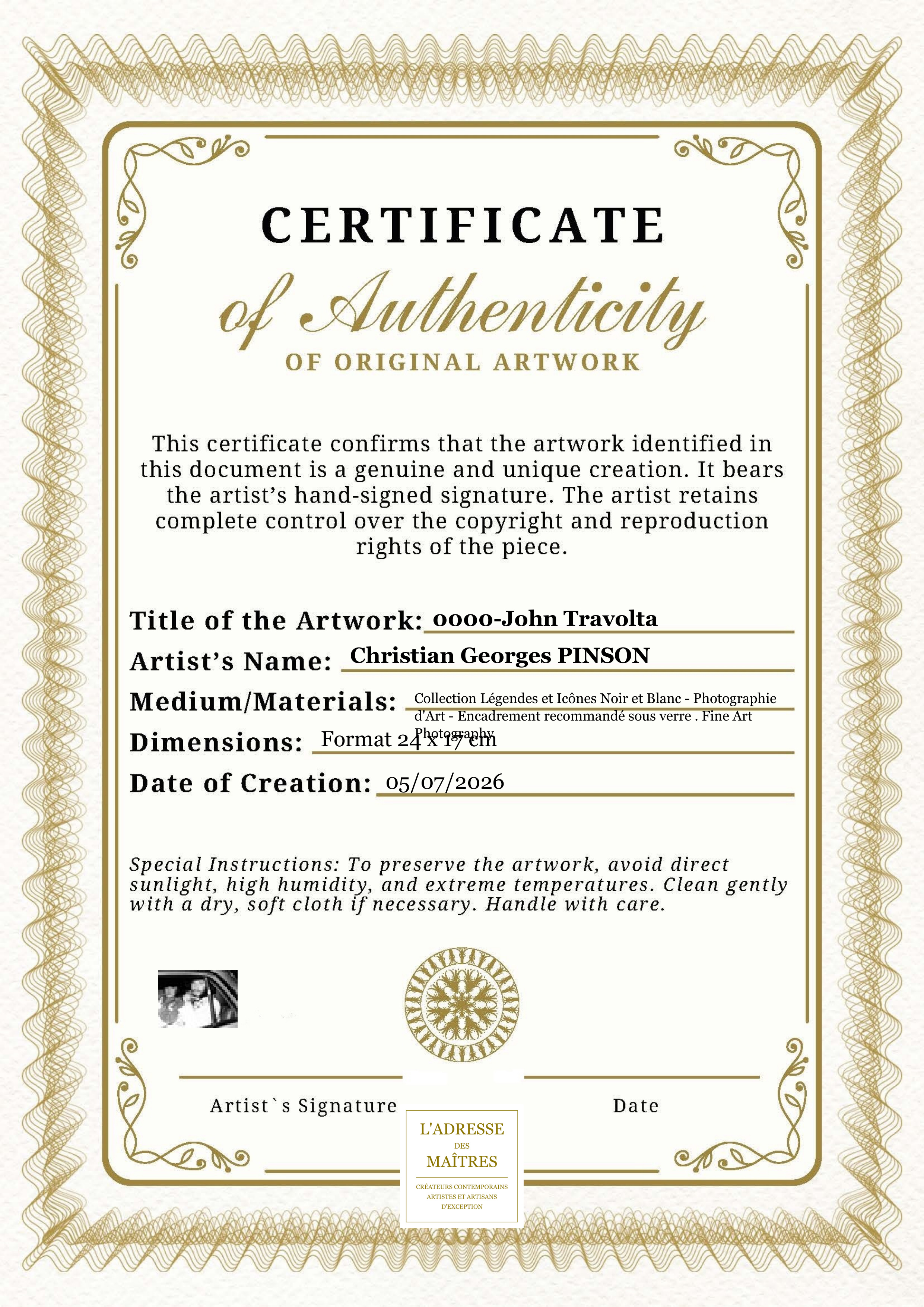 Certificat d'authenticité — 0000-John Travolta — Christian Georges PINSON