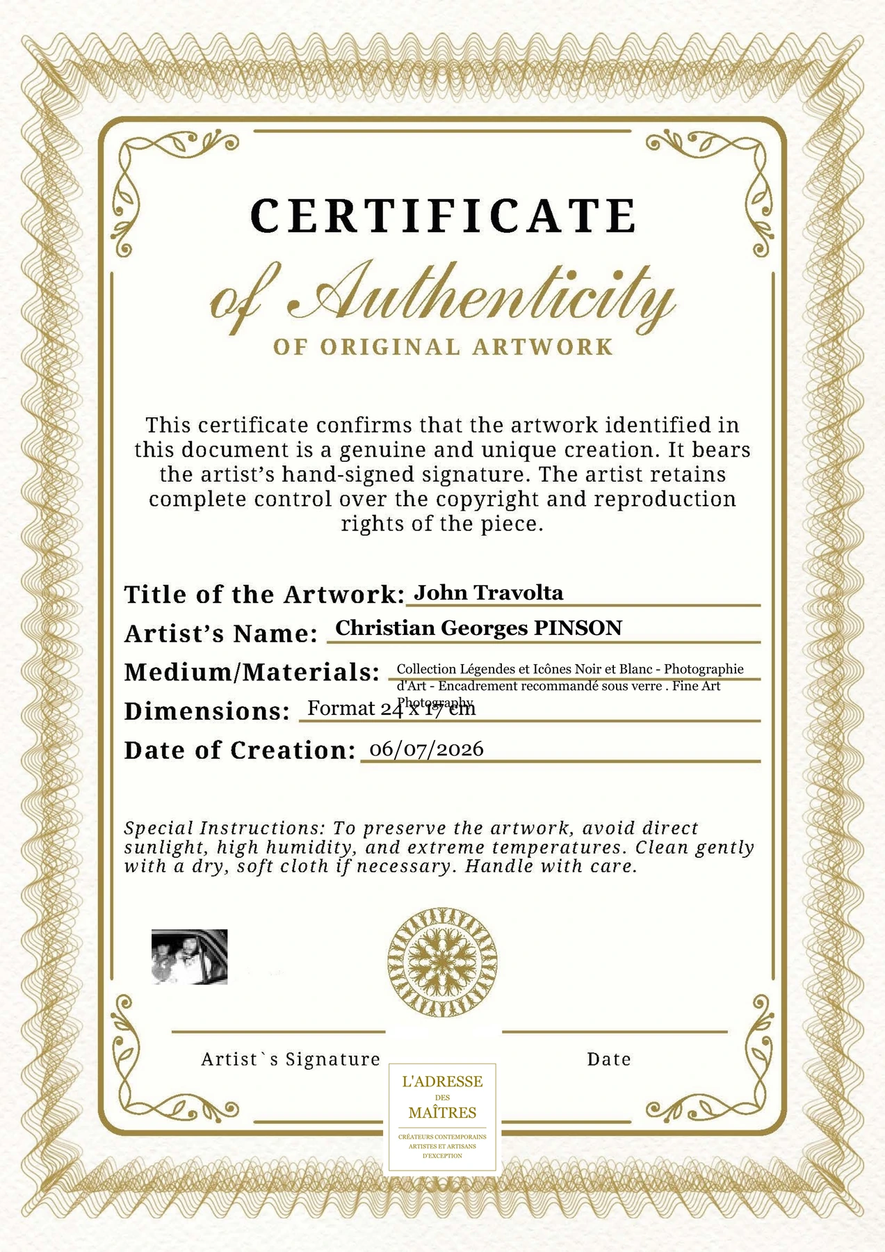 Certificat d'authenticité - John Travolta - Christian Georges PINSON