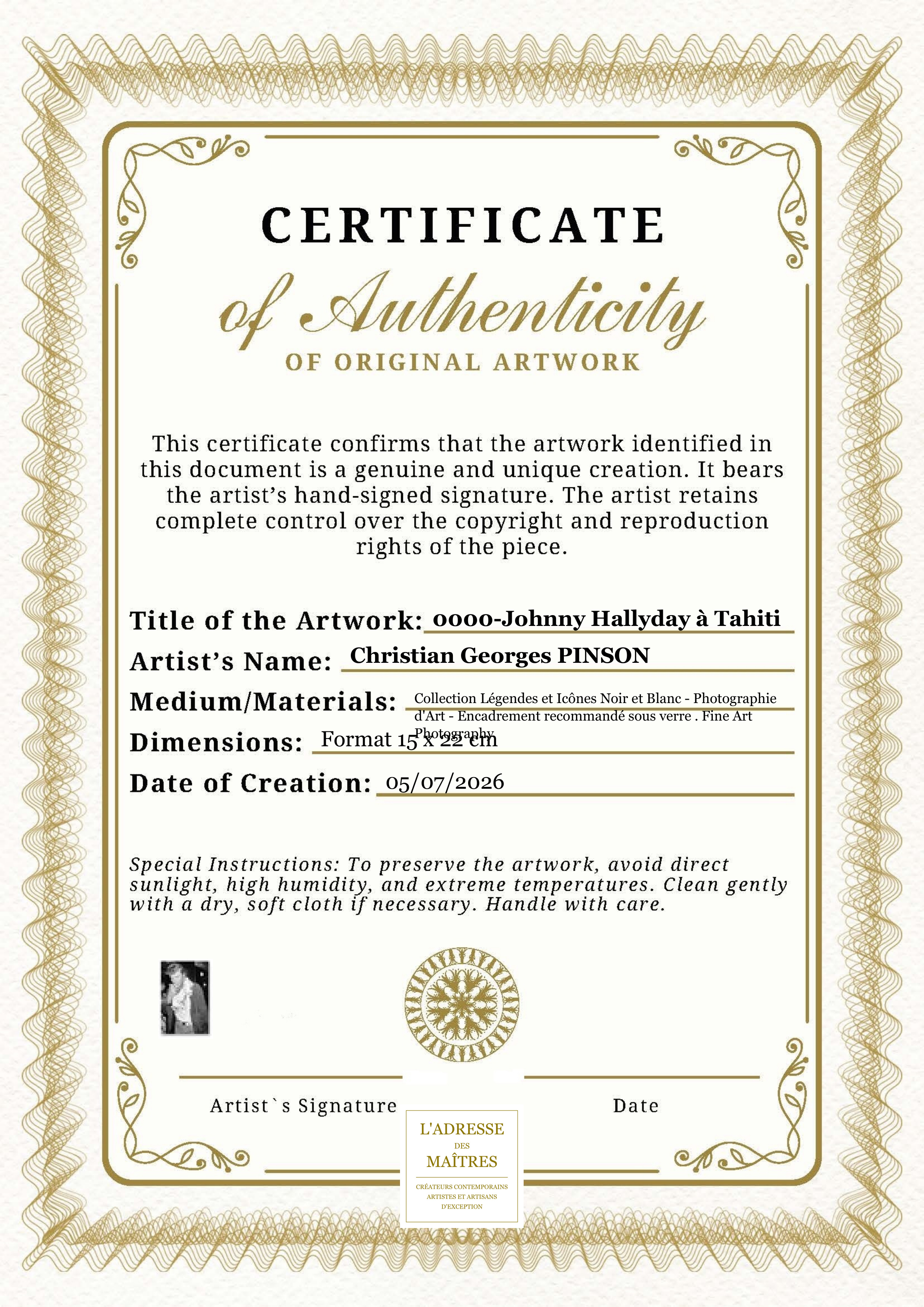 Certificat d'authenticité — 0000-Johnny Hallyday à Tahiti — Christian Georges PINSON