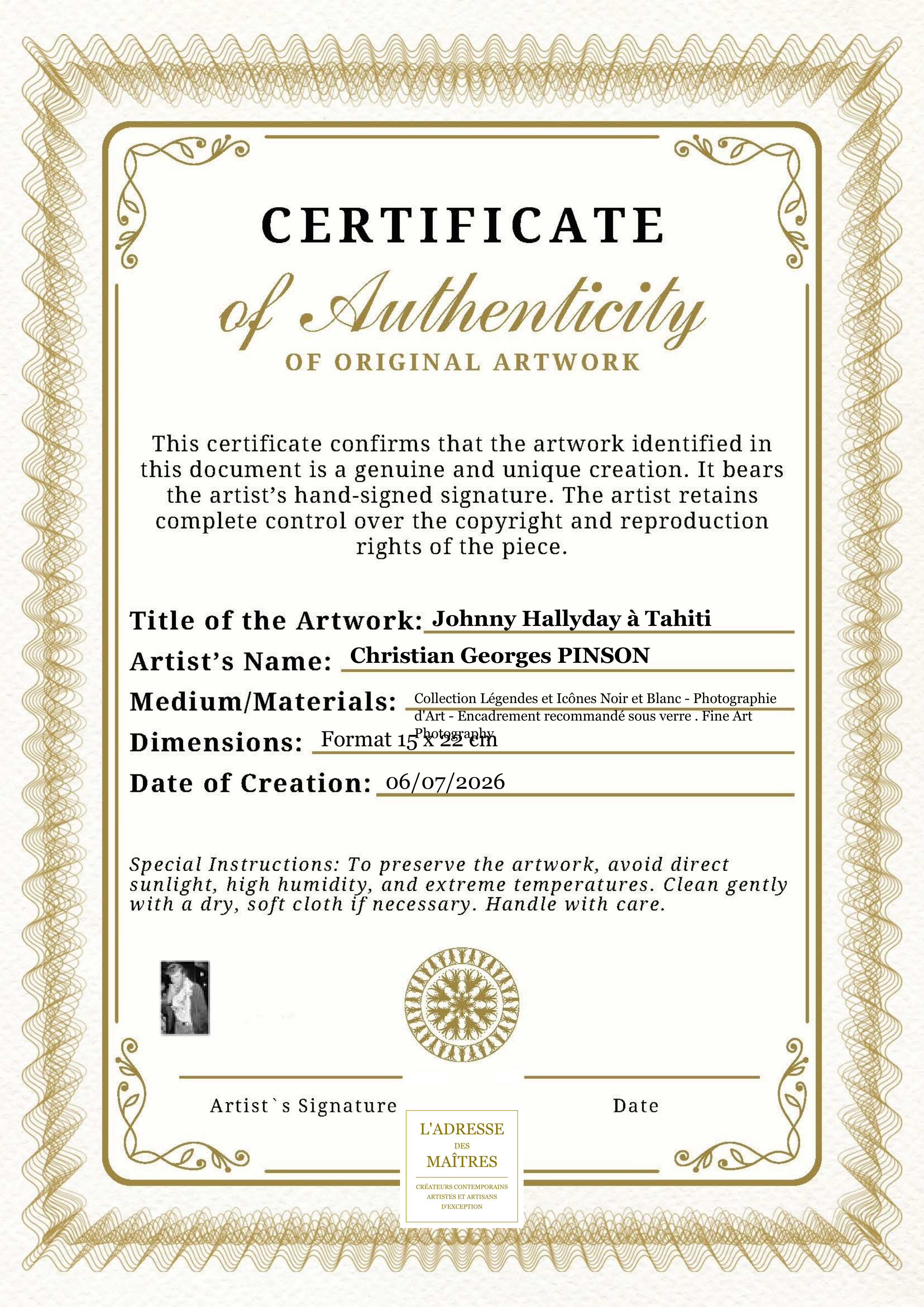 Certificat d'authenticité — Johnny Hallyday à Tahiti — Christian Georges PINSON