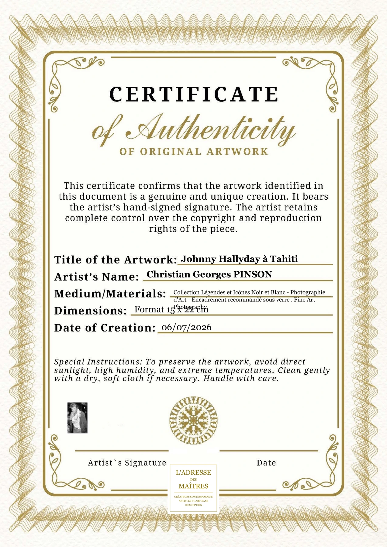 Certificat d'authenticité - Johnny Hallyday à Tahiti - Christian Georges PINSON