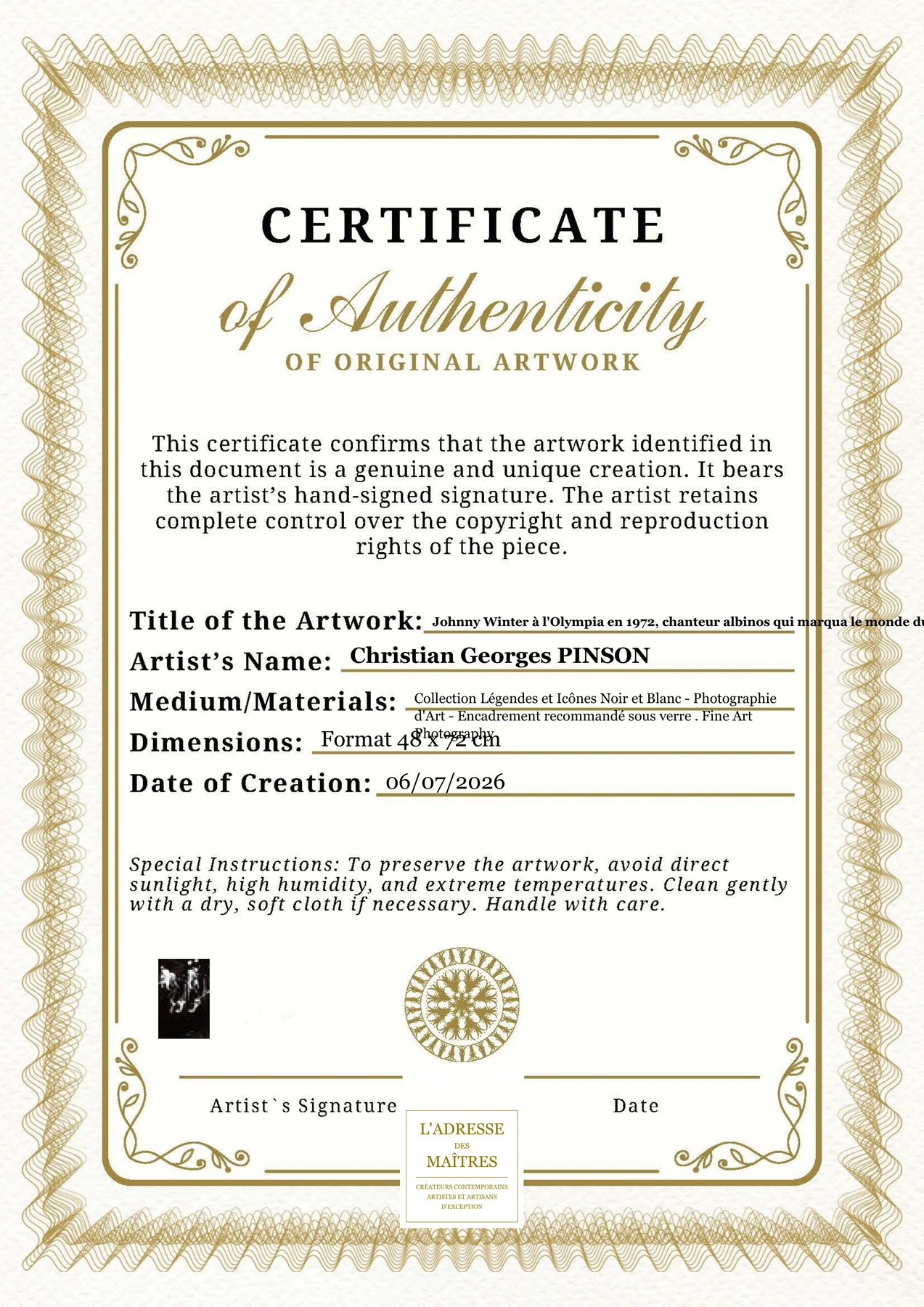 Certificat d'authenticité - Johnny Winter à l'Olympia en 1972, chanteur albinos qui marqua le monde du spectacle - Christian Georges PINSON