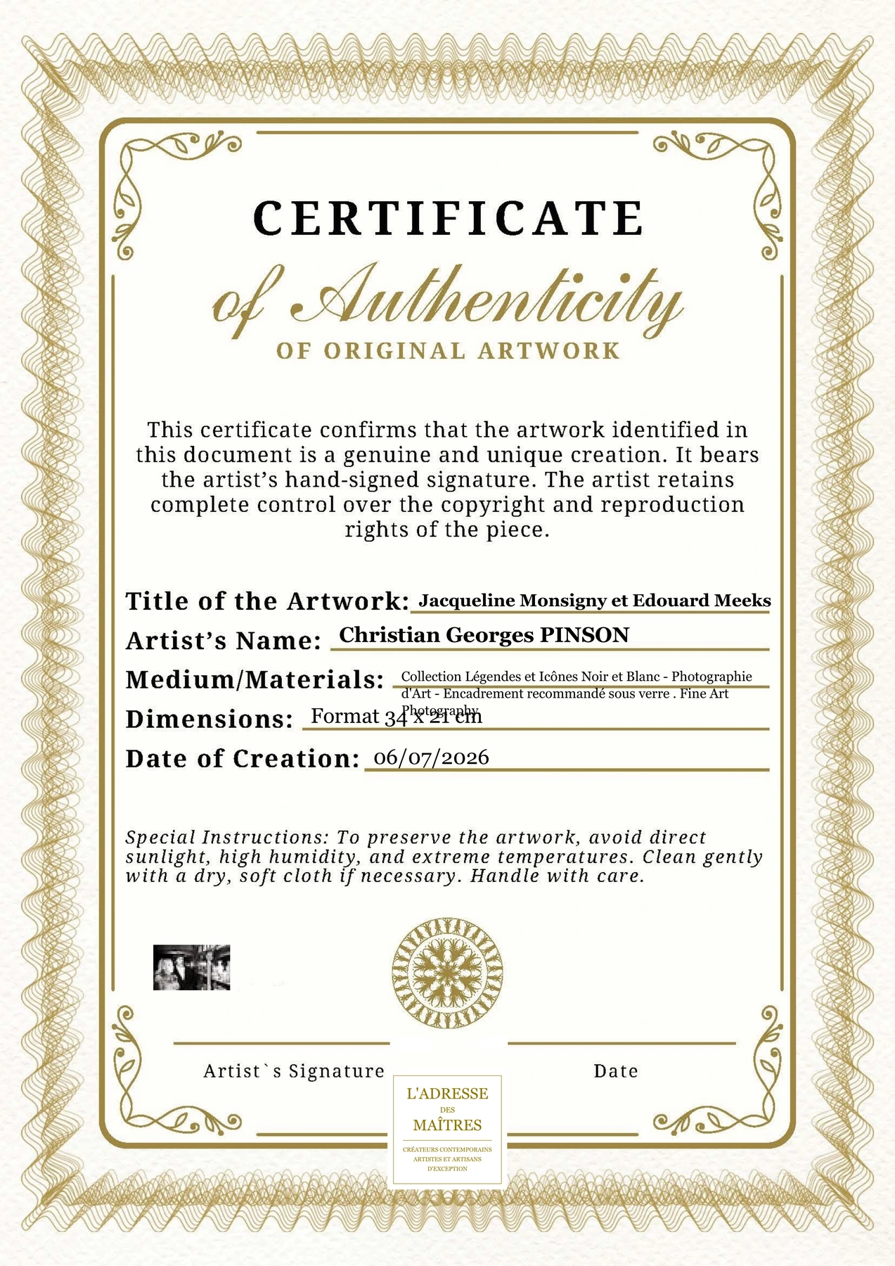 Certificat d'authenticité - Jacqueline Monsigny et Edouard Meeks - Christian Georges PINSON