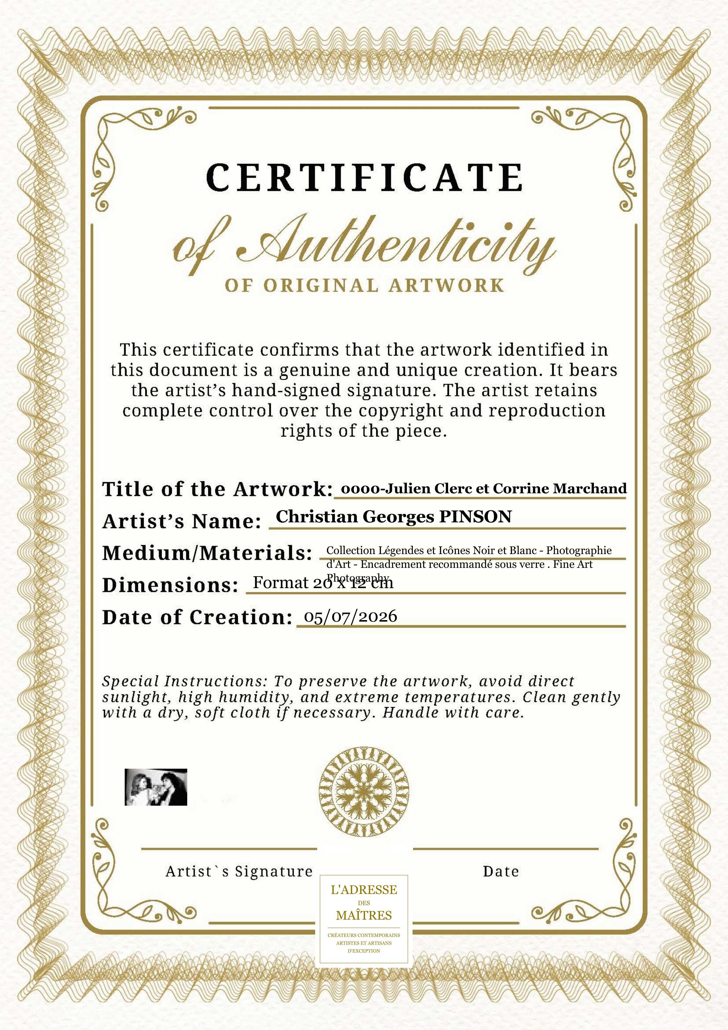 Certificat d'authenticité — 0000-Julien Clerc et Corrine Marchand — Christian Georges PINSON
